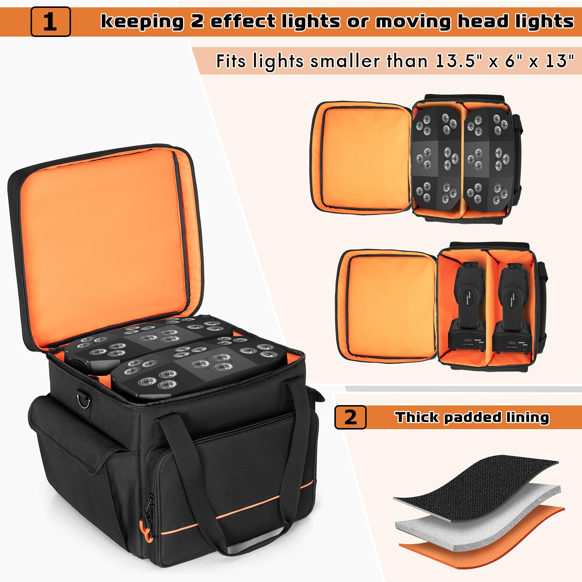 Luxja Borsa per 2 Luci Discoteca o Luce da Palco a Testa Mobile, Borsa per Luce da Palco con Divisore Interno e Tasche per Accessori, Nero