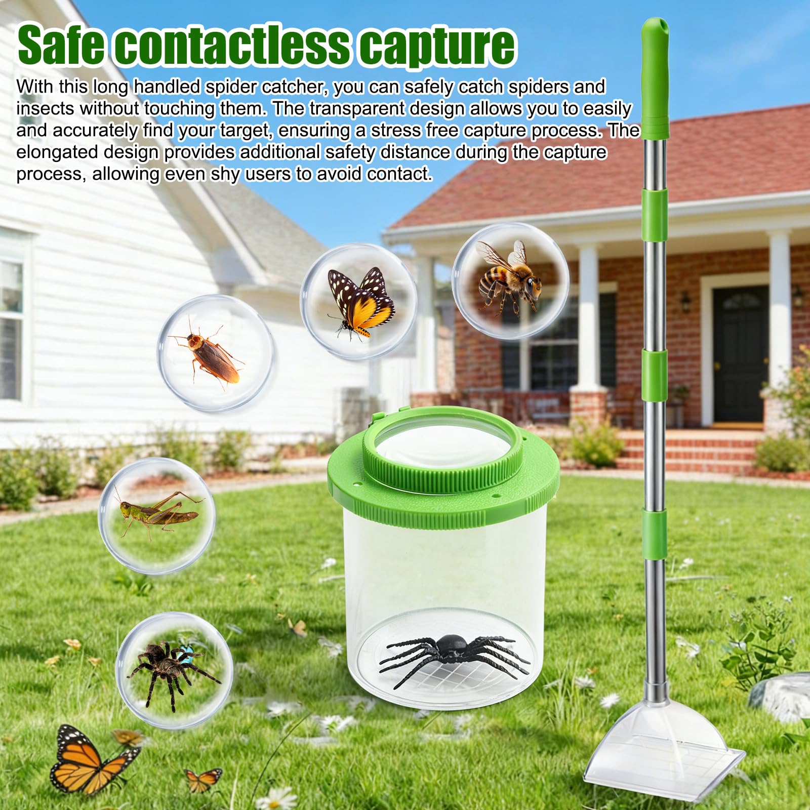 Attrape-araignées avec longue poignée : attrape-insectes extra long avec appareil d'observation d'insectes, attrape-insectes sans contact, fonction d'observation Attrape-araignées à la main