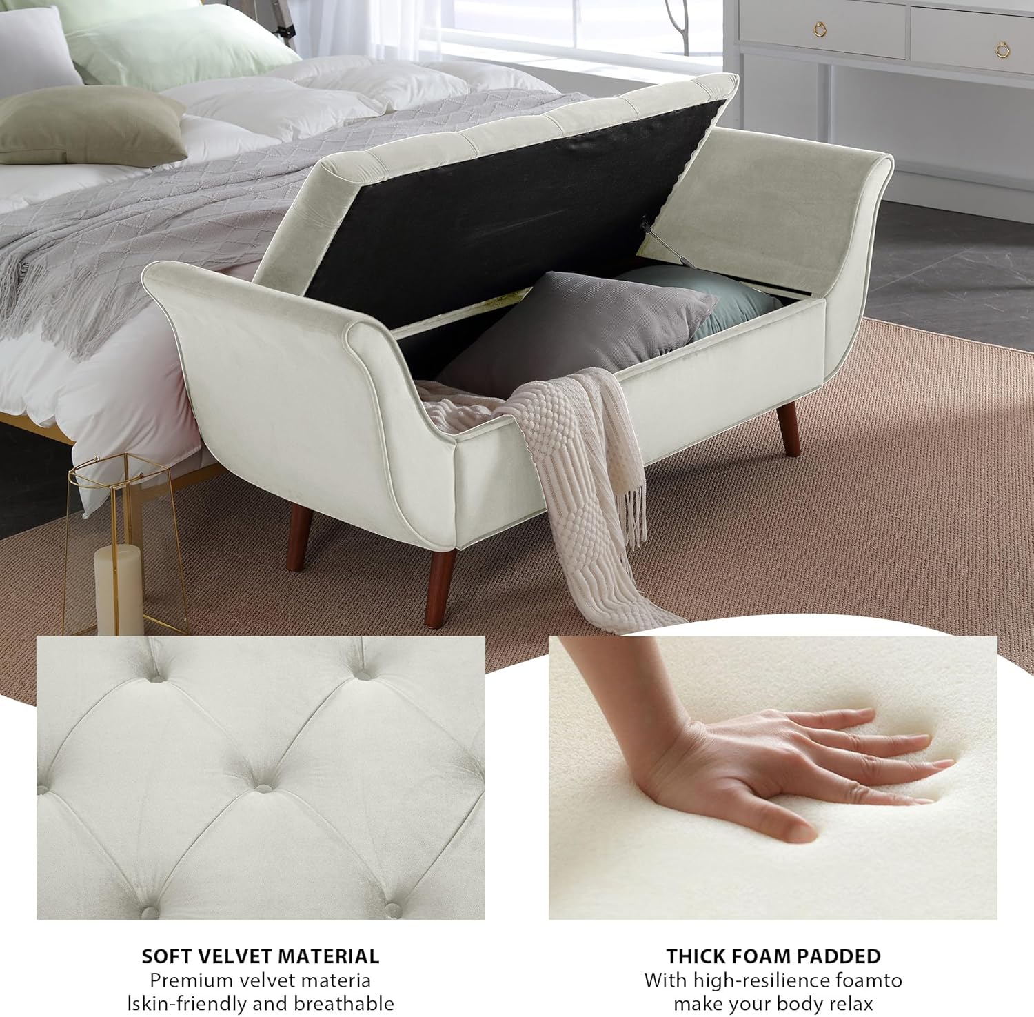 Storage Bench for Bedroom, 65" Velvet End of Bed Bench Button-Tufted Upholstered Storage Ottoman Armed Long Bench Solid Wood Legs 2 Pillows for Entryway Living Room Dining Room (Beige)
