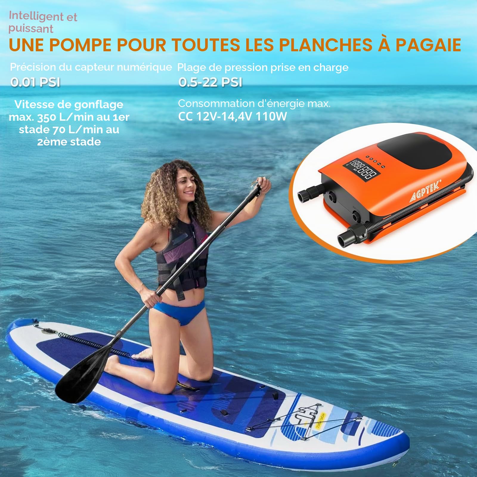 AGPTEK Pompe à air Rechargeable Auto-Off, 22 PSI 12 V Pompe à air électrique numérique, Pompe Portable pour Paddleboard Gonflable, Matelas, Piscine Gonflable, tentes et Bateaux gonflables