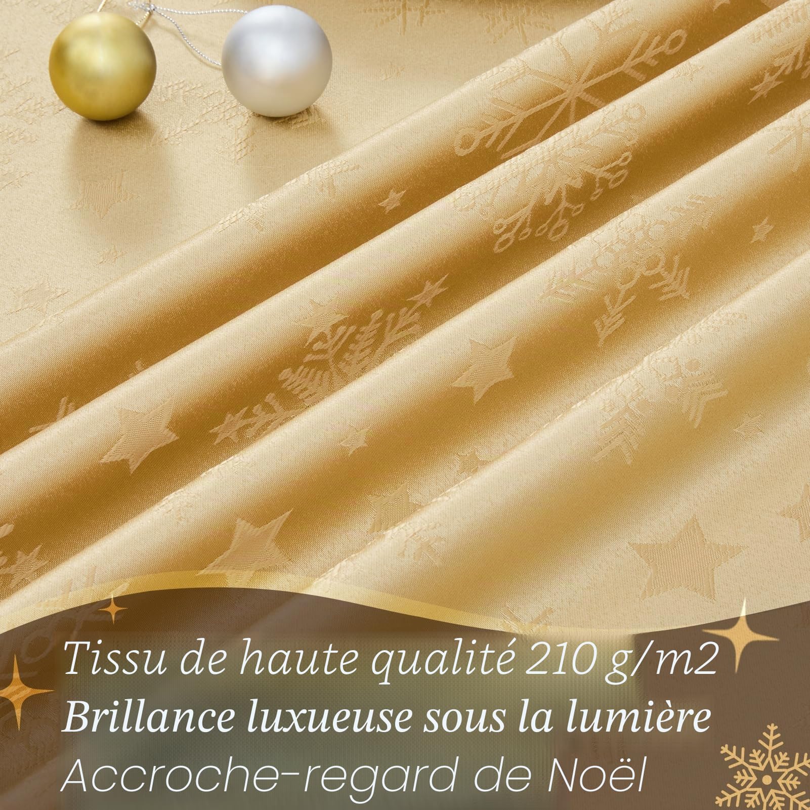 Romanstile Nappe de Noël rectangulaire 350x150 cm dorée, Grande Nappe Anti-Tache ornée d’Un Motif Jacquard de Flocons de Neige et d’étoiles élégantes, Parfaite pour Les Longues Tables de Banquet