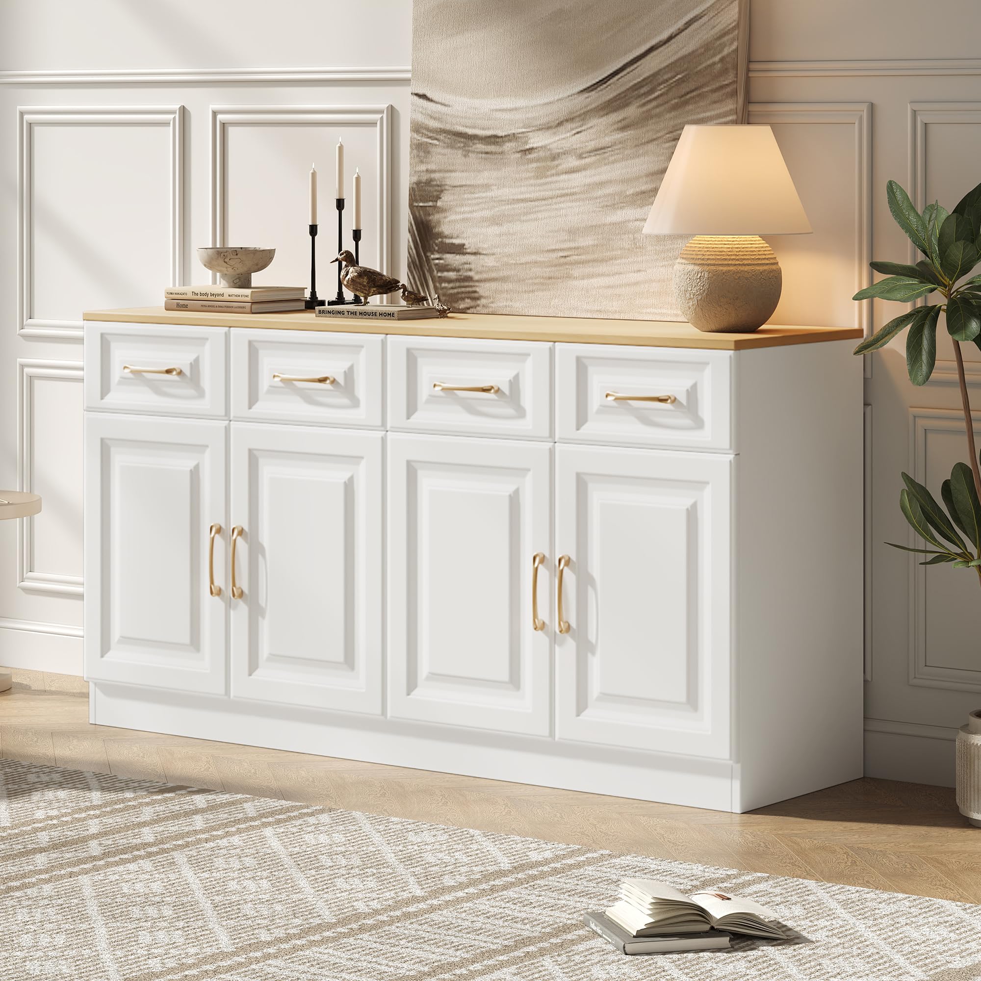 Aparador Cocina, Aparador Mueble De Cocina, Buffet Comedor con 4 Cajones y 4 Puertas, Mueble Bar, Aparadors Vitrina para Dormitorio, para Salon, Comedor, Sala de Estar, 140×40×75 cm (Blanco-A)