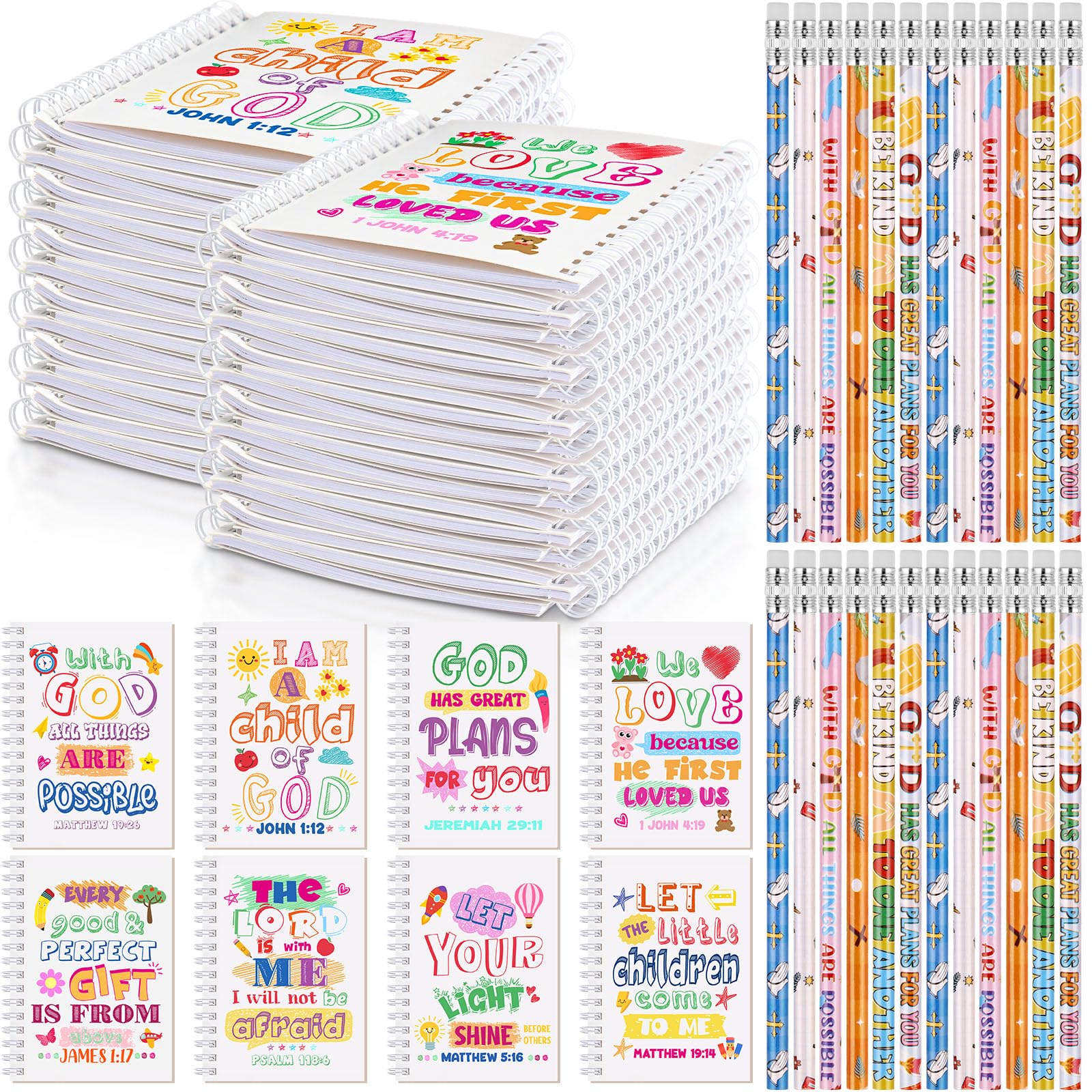 Crtiin 48 Stück, inklusive 24 Bibelversen, Notizblock, 24 Bleistifte, christliche Kirche, Geschenke, Studenten, Klassenzimmer, Auszeichnung, religiös, inspirierendes Notizbuch, Bibelstifte