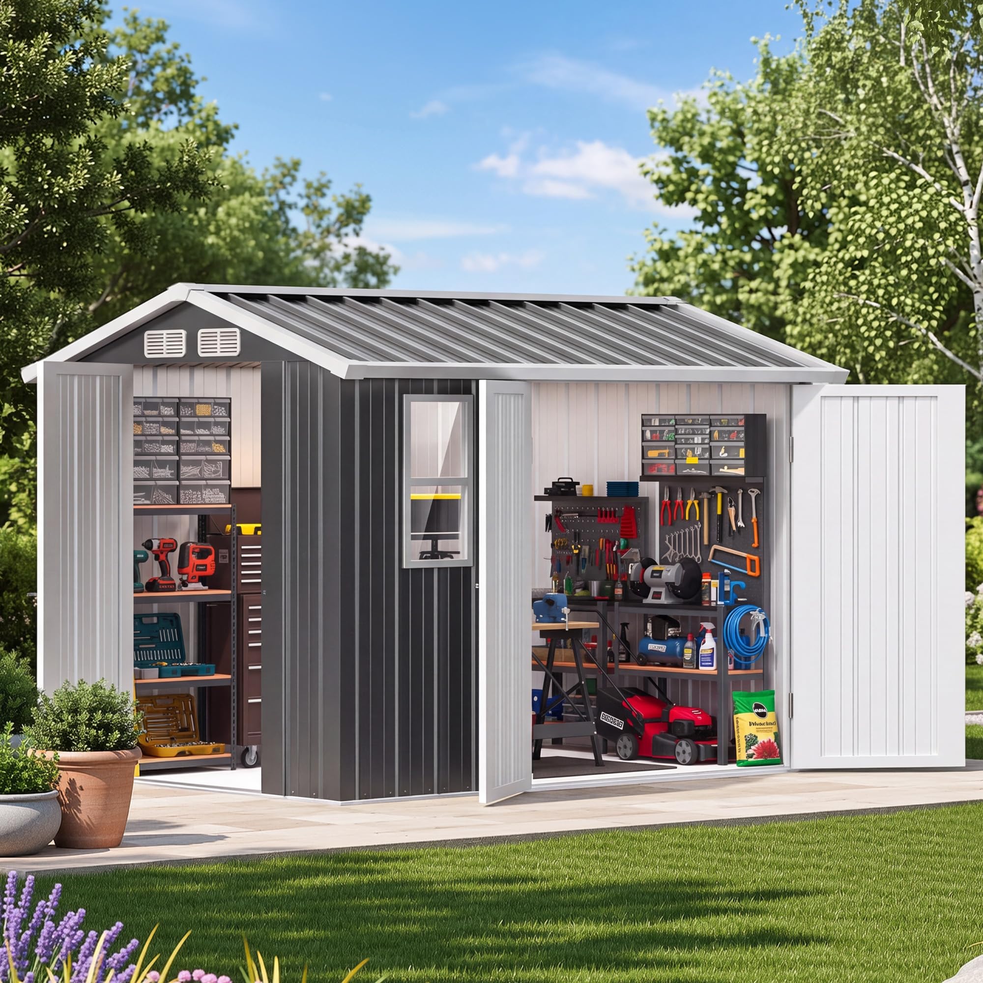 DWVO 7x5ft Outdoor Storage Shed with Window &amp; 3 Lockable Doors