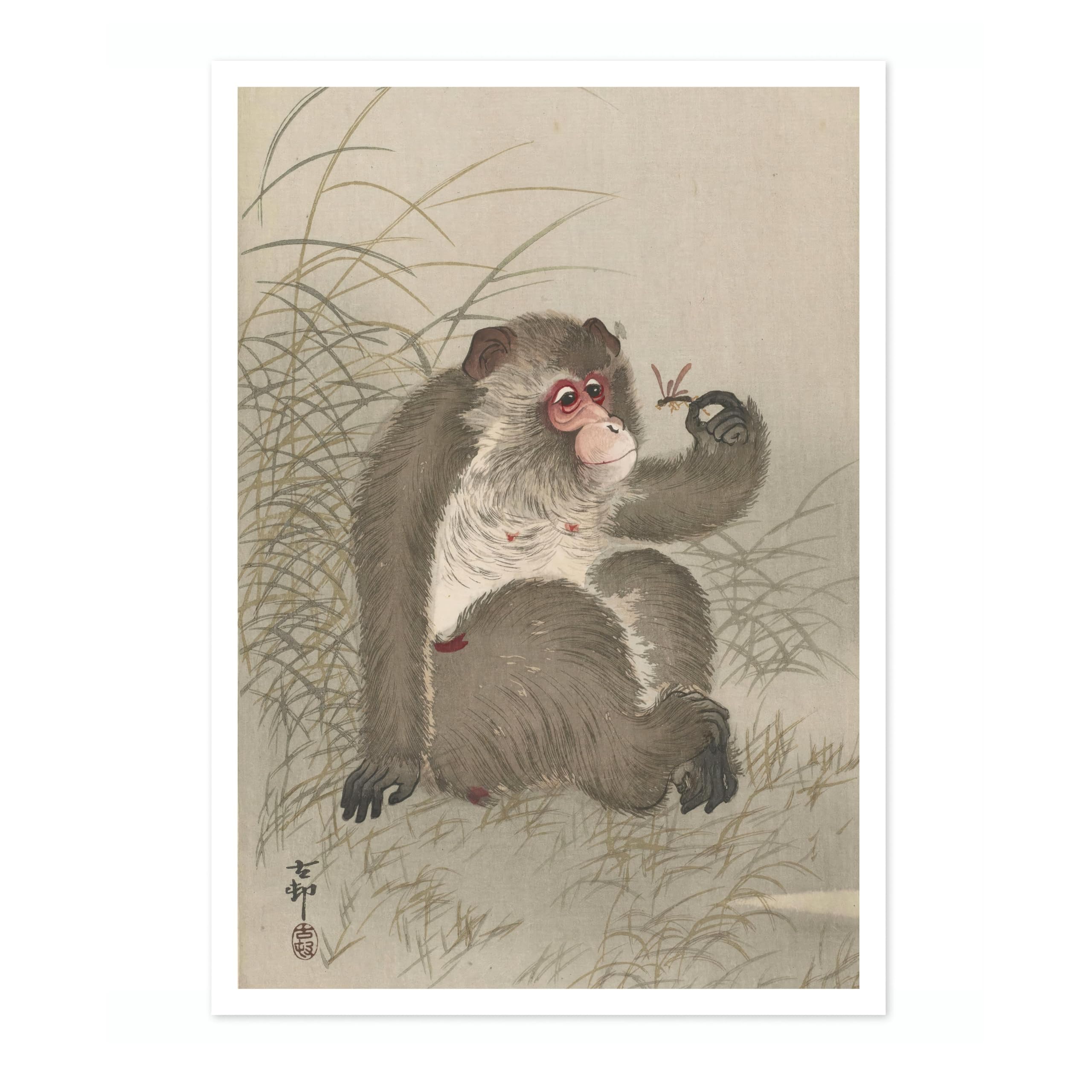 Monkey Studying A Dragonfly In His Hand Ohara Koson Poster, Japanese Woodblock Ukiyo-E Print, Vintage Nature Art Picture Animal Painting Wall Art, Artwork Home Decor, A3 (Print Only) - 42x29.7cm — image 1