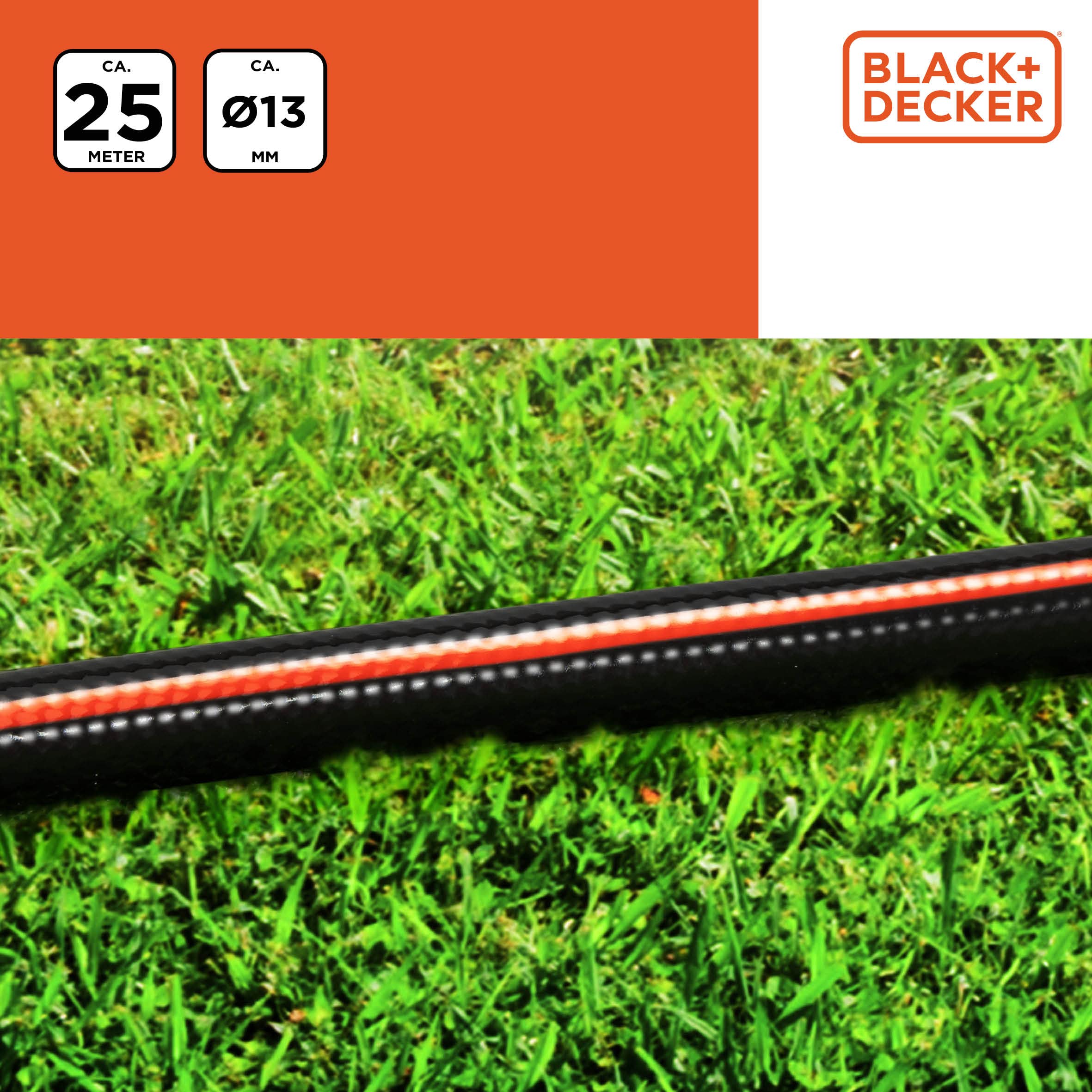 BLACK+DECKER Tuyau d'Arrosage 25M - Tuyau Jardinage ⌀12mm - Outillage de Jardin - Max. 6Bar - PVC - Noir/Orange