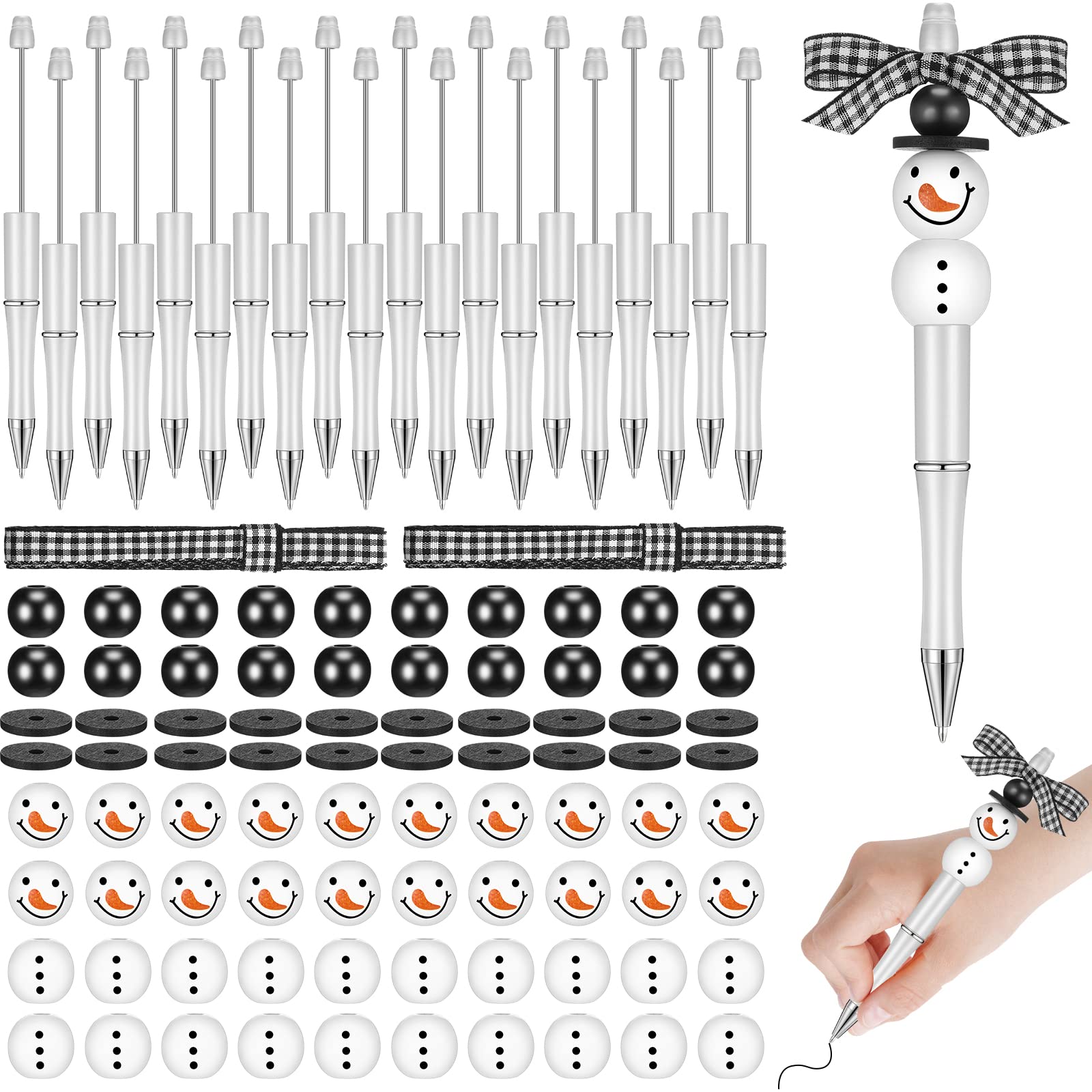 Beadable Pens Bulk Winter Bead Pens and Snowmen Wooden Beads Buffalo Plaid Ribbon Snowman Ballpoint Pens Plastic Black Ink Pen Winter Gifts for