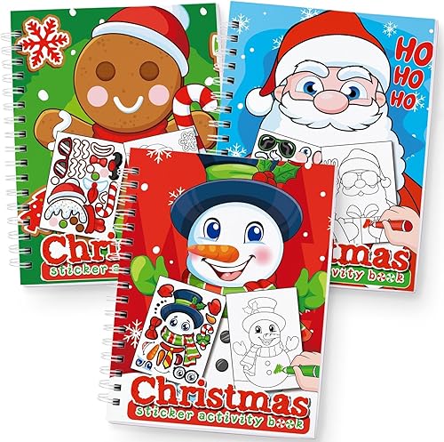Paquete de 3 libros para colorear con calcomanías de Navidad, almohadilla de actividades para niños pequeños de 2 a 8 años (30 escenas)