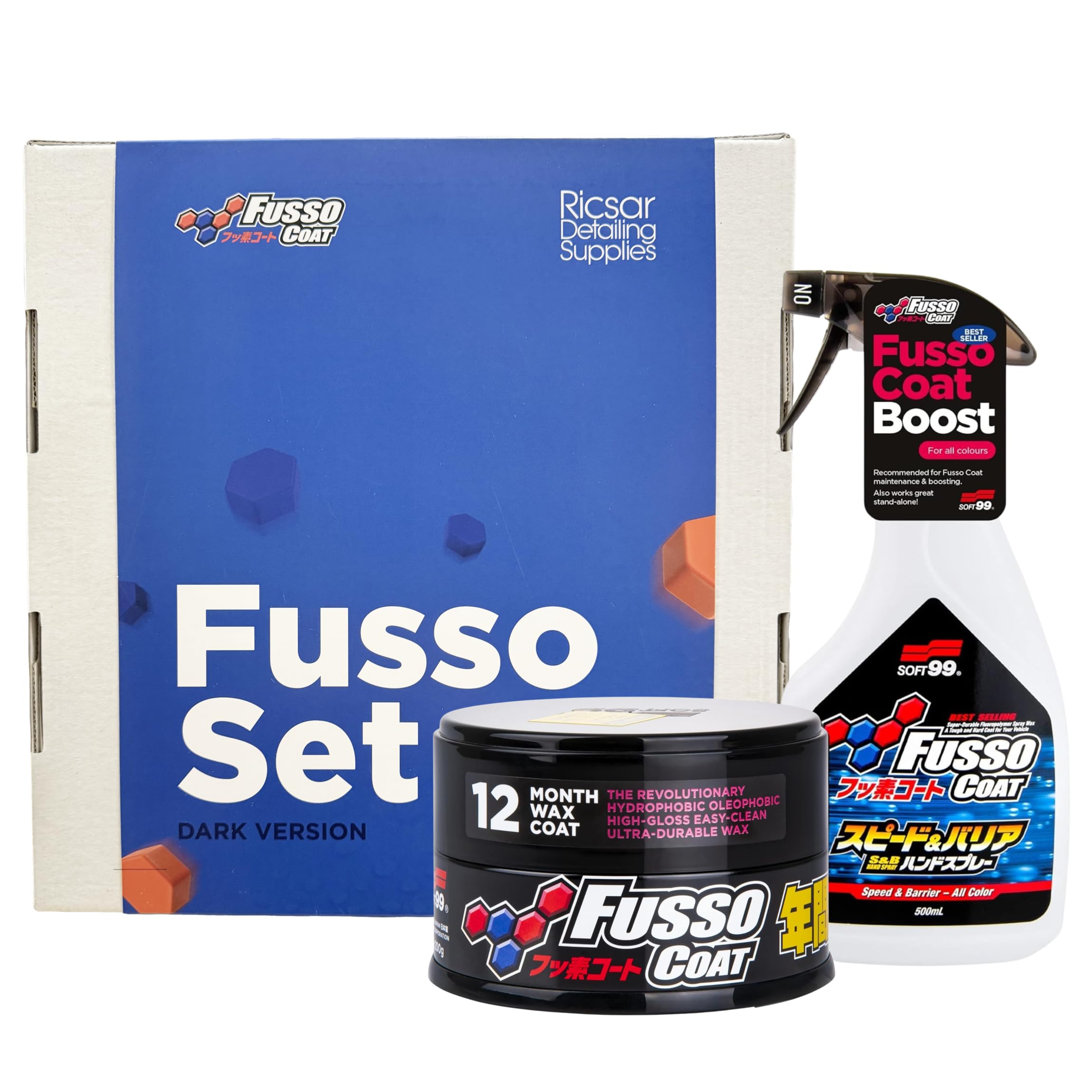 Boxed Fusso Bundle - Fusso Coat Dark 12 Month Wax + Speed Barrier Quick Detailer 500ml -12 Months Car Wax, Durable Paintwork, Gloss and Protection with Maintenance QD Spray