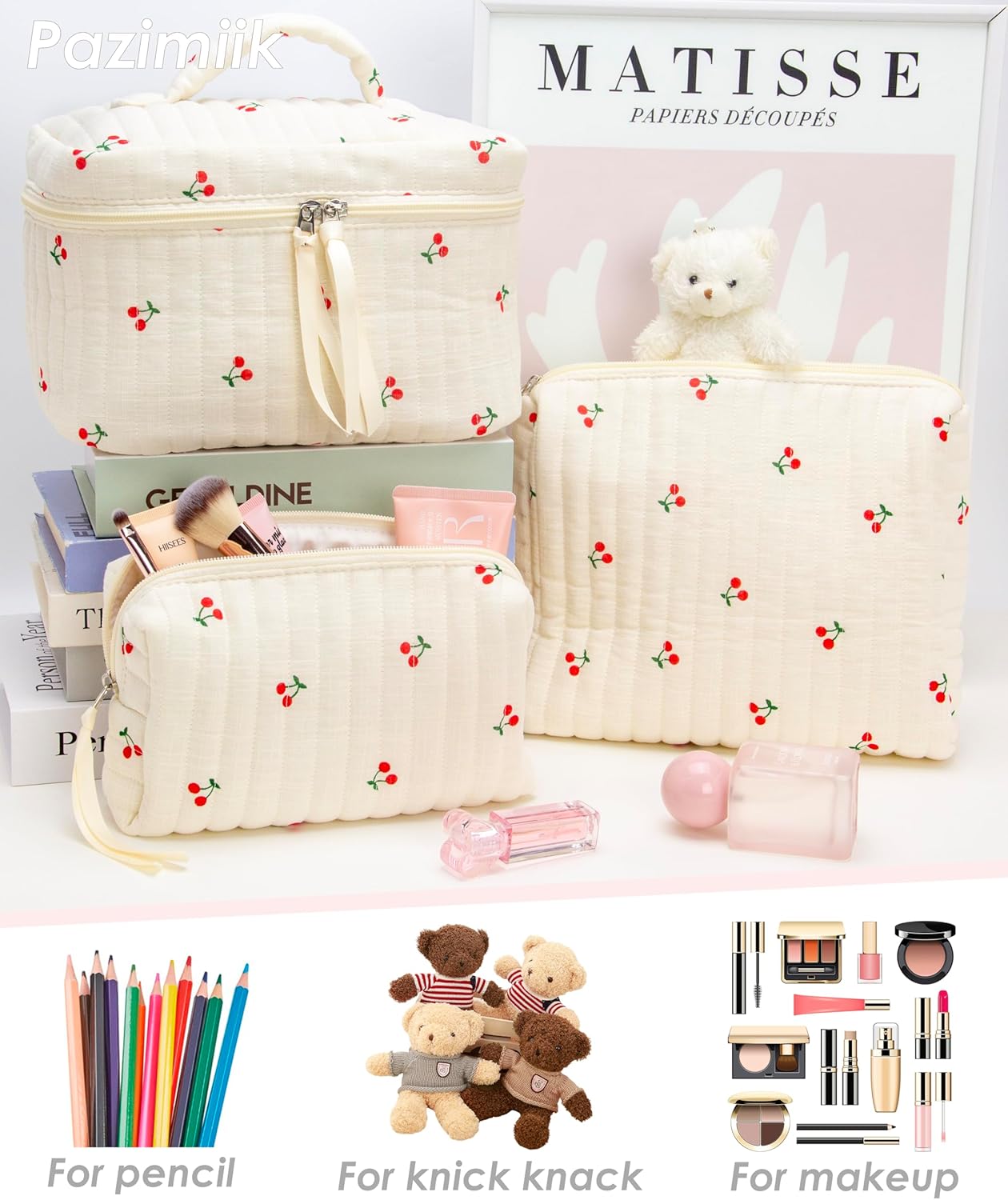 PAZIMIIK 3PCS Makeup Bag SET Large Travel Quilted Zipper Soft Cosmetic Case Pouch for Women Girls Make Up,Cherry Beige - Image 6