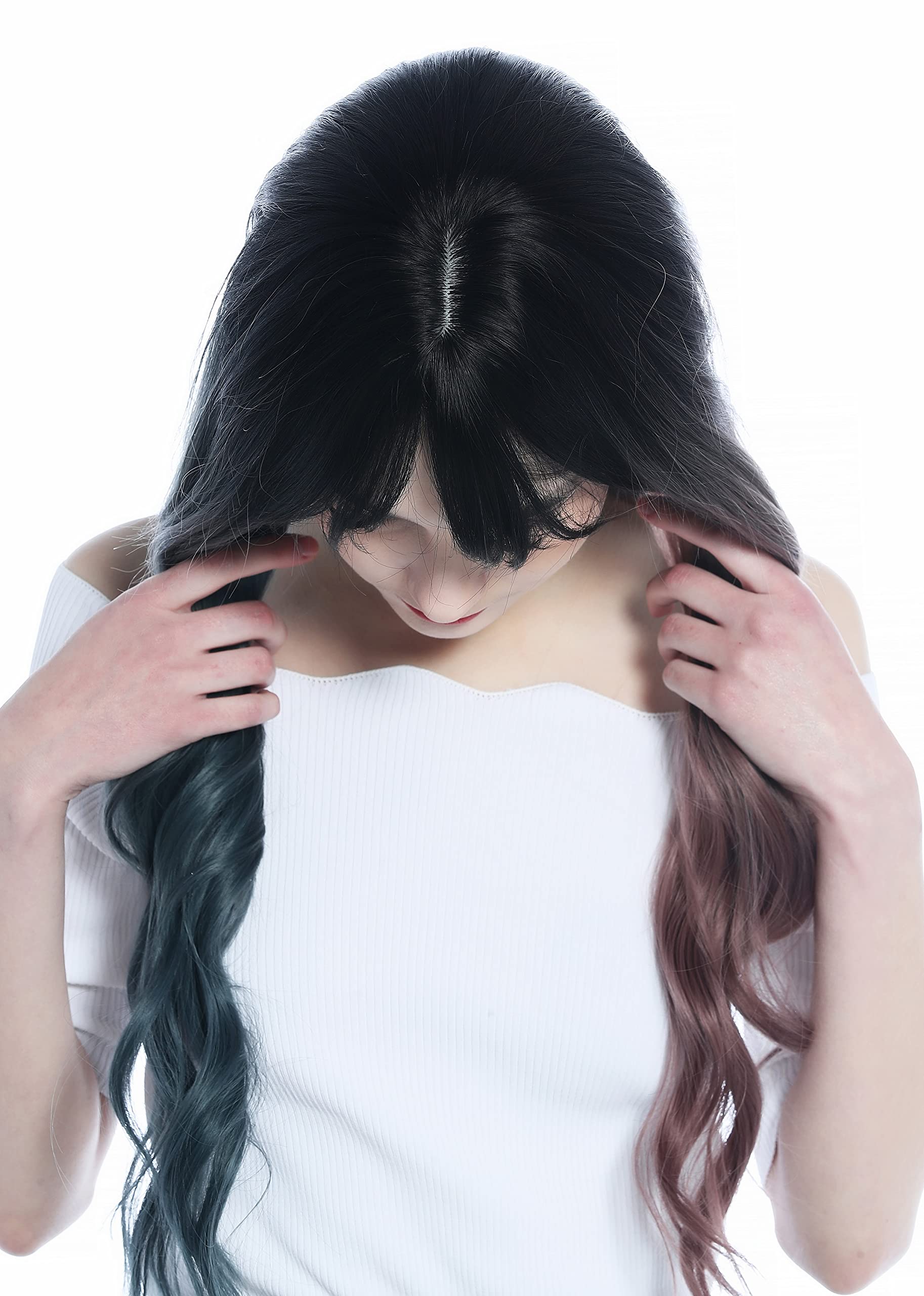WIG ME UP - C8259-612-422 Ladies' Wig long wavy ombre black asymmetrical colouration grey-blue other side dark pink - Image 4
