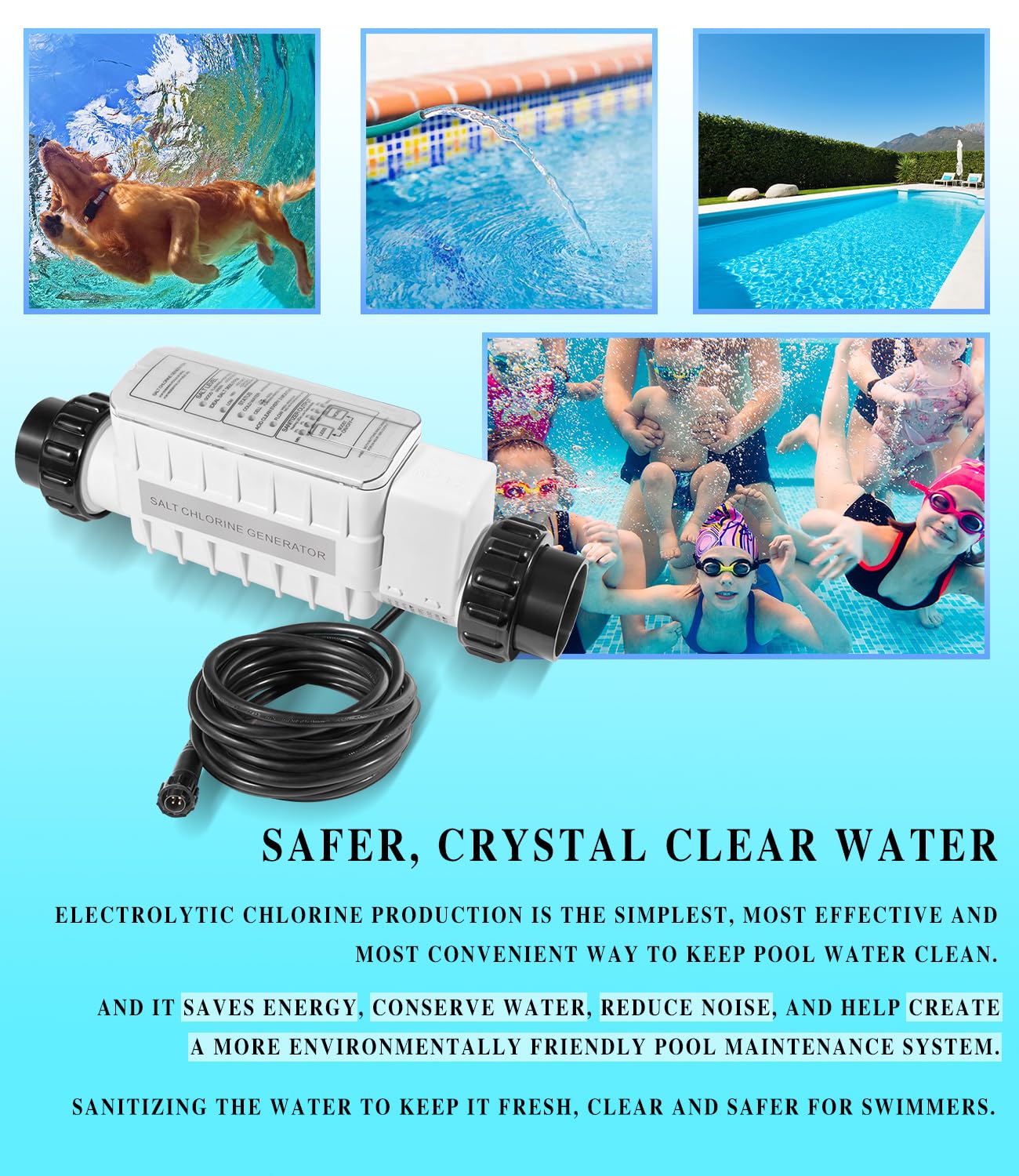 520555 - Célula generadora de cloro salino, adecuada para piscinas de hasta 40,000 galones, incluye cable de 15 pies y uniones de PVC de 2 pulgadas