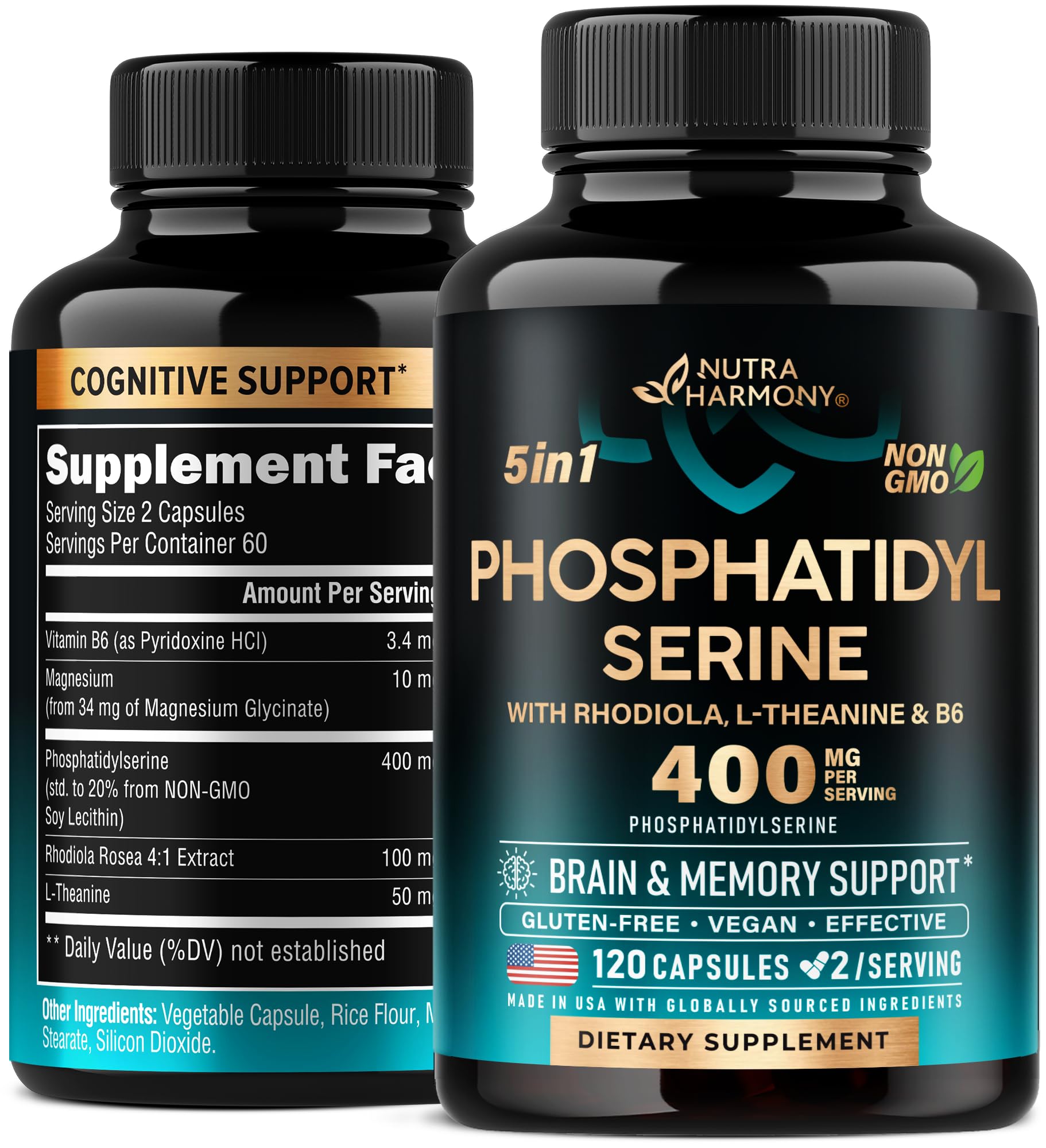 Phosphatidylserine 400 mg with L-Theanine, Magnesium & Vitamin B6, Rhodiola Rosea - Brain, Memory & Focus Support - Certified Non-GMO, Naturally Derived & Bioavailable - Made in USA - 120 Сapsules
