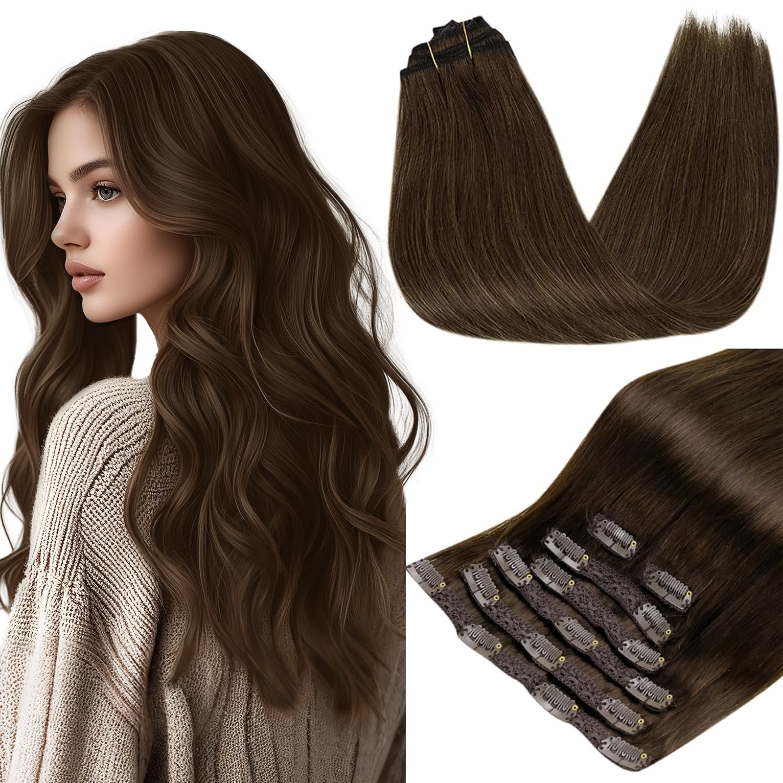 RUNATURE Echthaar Extensions Clip Braun Clip in Extensions Echthaar 40cm 7pcs Braun Extensions Echthaar Clip Seamless Haarverlängerung Naturliches Haar 120g #4 - 2