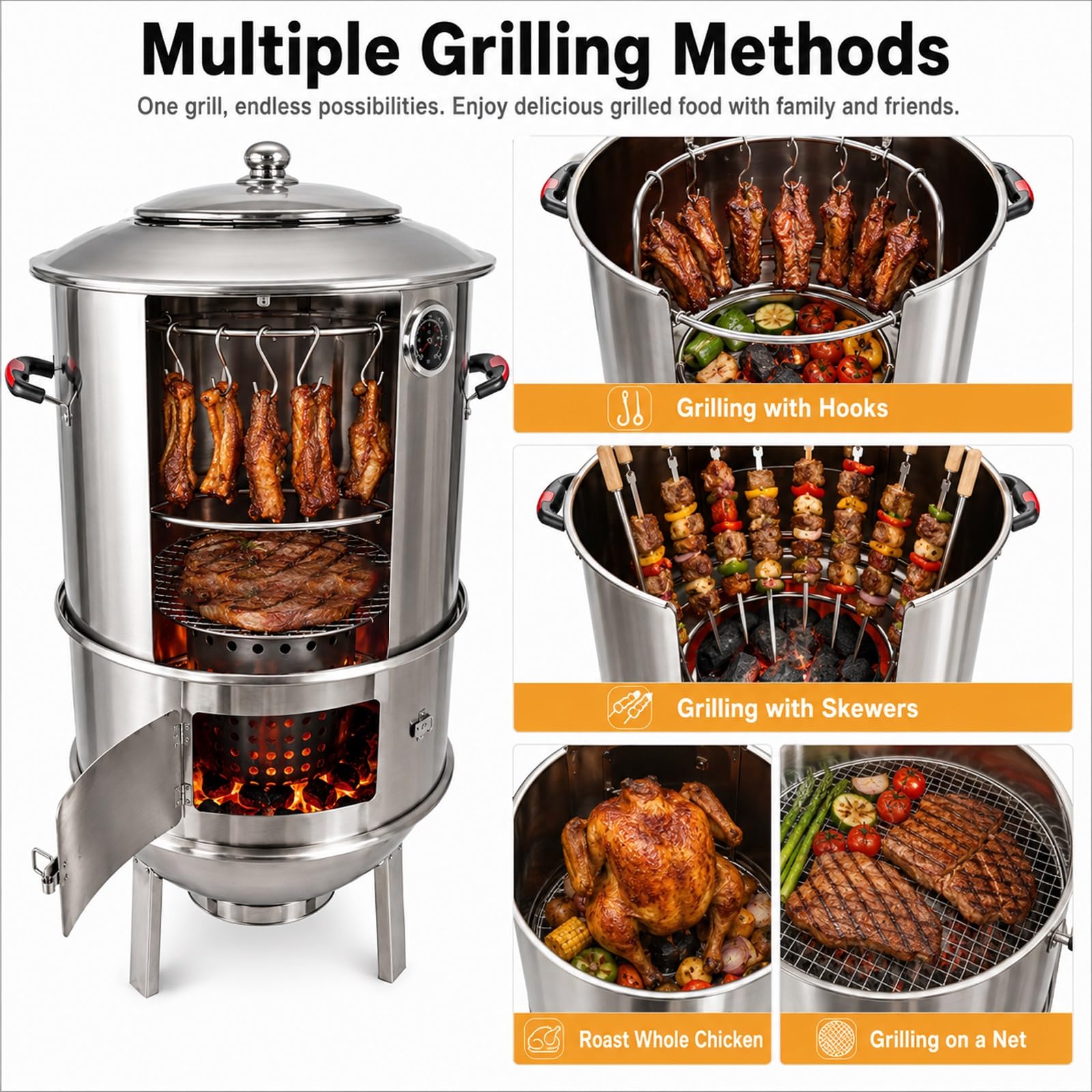 Pionowy grill na węgiel drzewny ze stali nierdzewnej, z termometrem, równomierne nagrzewanie 360°, wytrzymały grill na zewnątrz, na podwórko, kemping, tylne drzwi