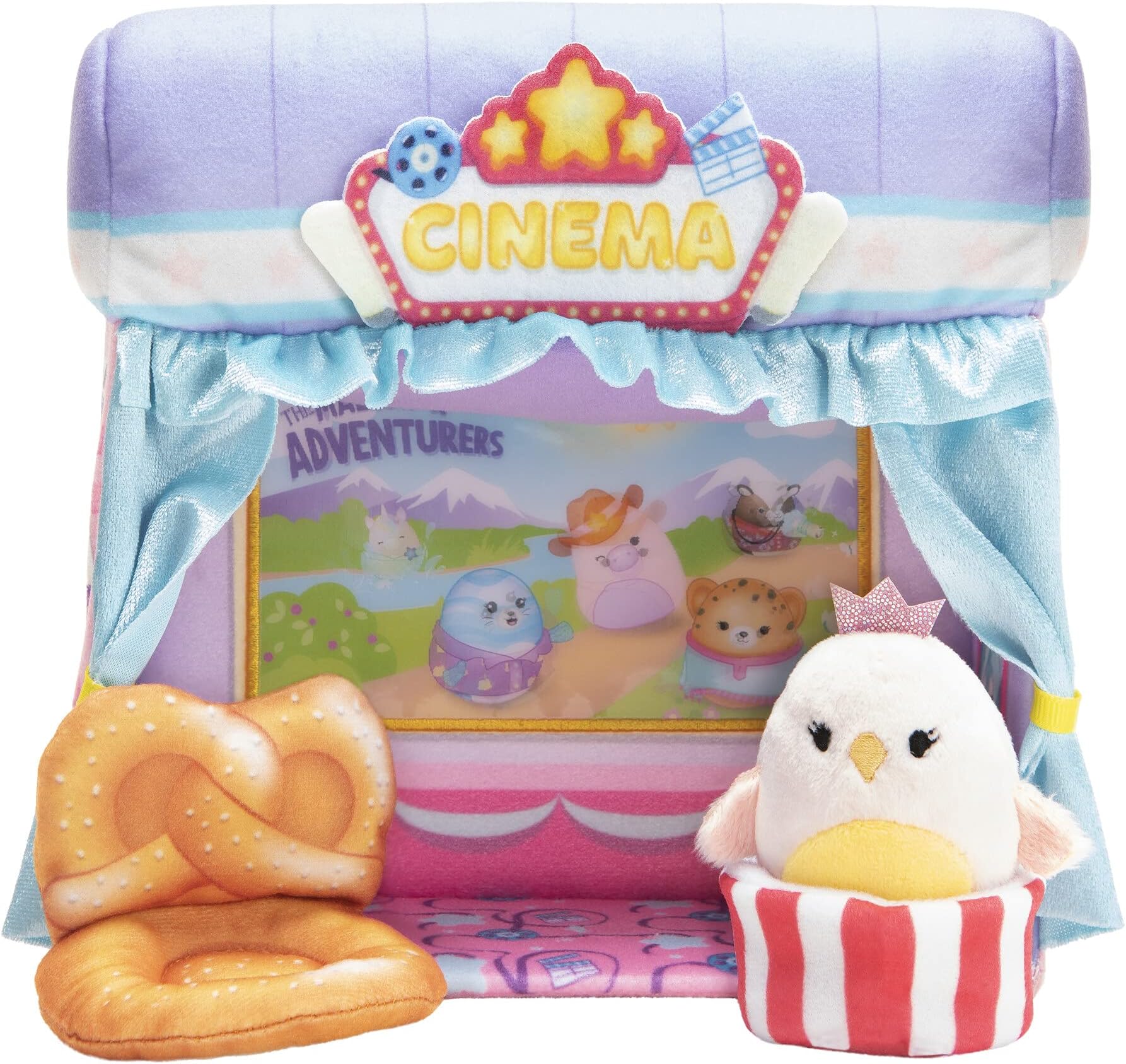 Mini-Squishmallows Cinema Playset - Includes One 2-Inch Plush, Pretzel Chair, Popcorn Bucket - Irresistibly Soft, Colorful Plush