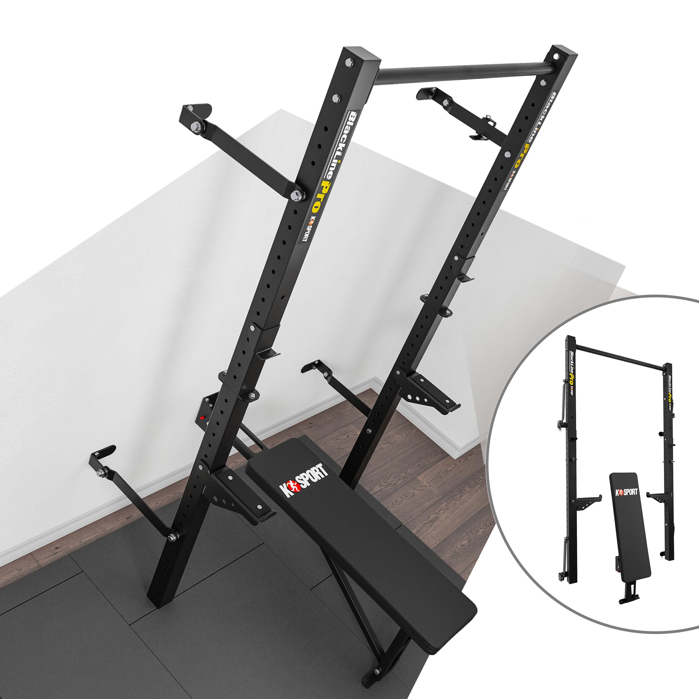 K-Sport: * Black Line * Wall Rack con panca pieghevole | Wall Rack pieghevole fino a 350 kg | Premium bilanciere con panca pieghevole fino a 275 kg | Set completo per Homegym