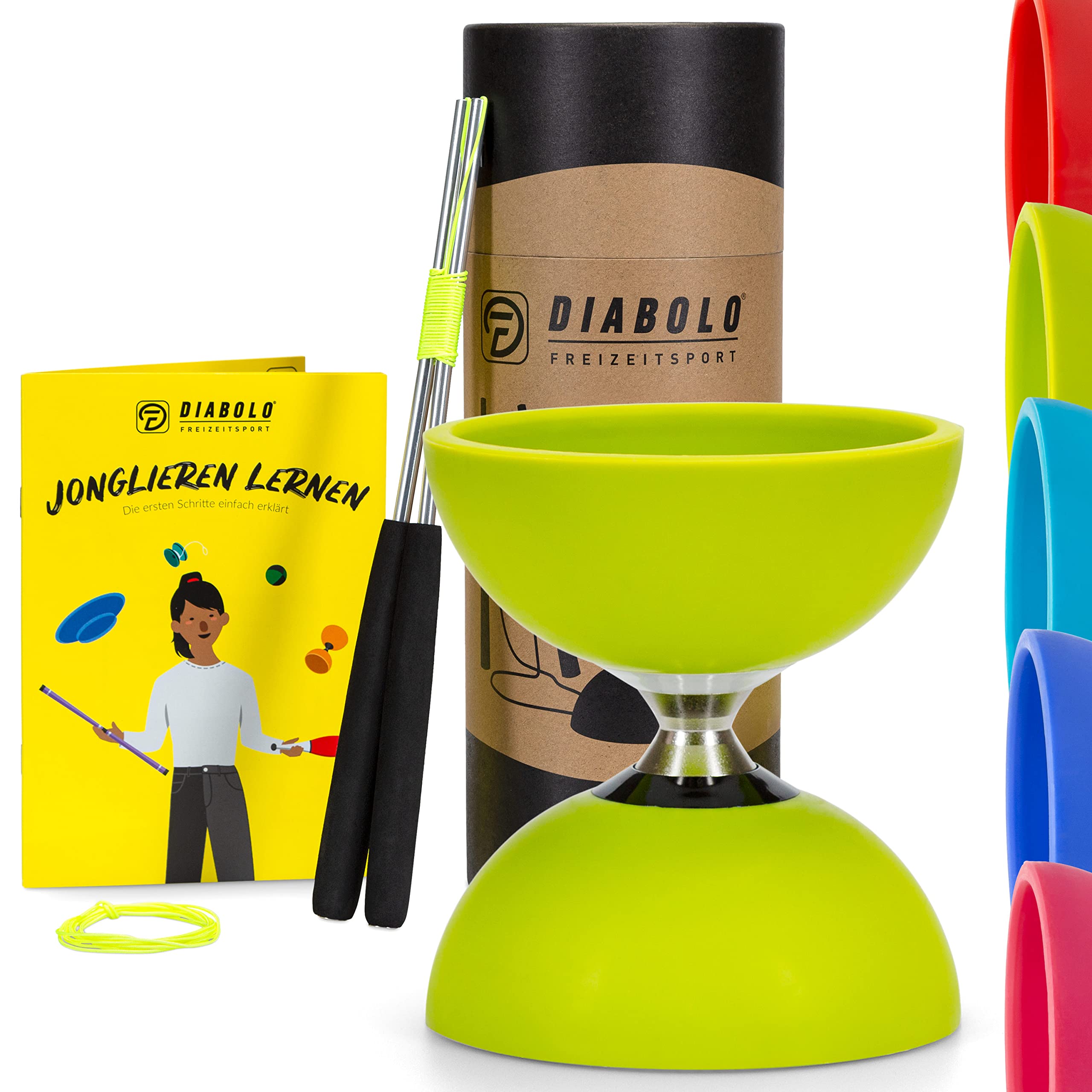Diabolo Freizeitsport Juggling Set Pro with Ball-Bearing Diabolo (Light Green), Aluminium Handsticks, Replacement Cord (160 cm) and Printed Instructions (English language not guaranteed) – with Gift