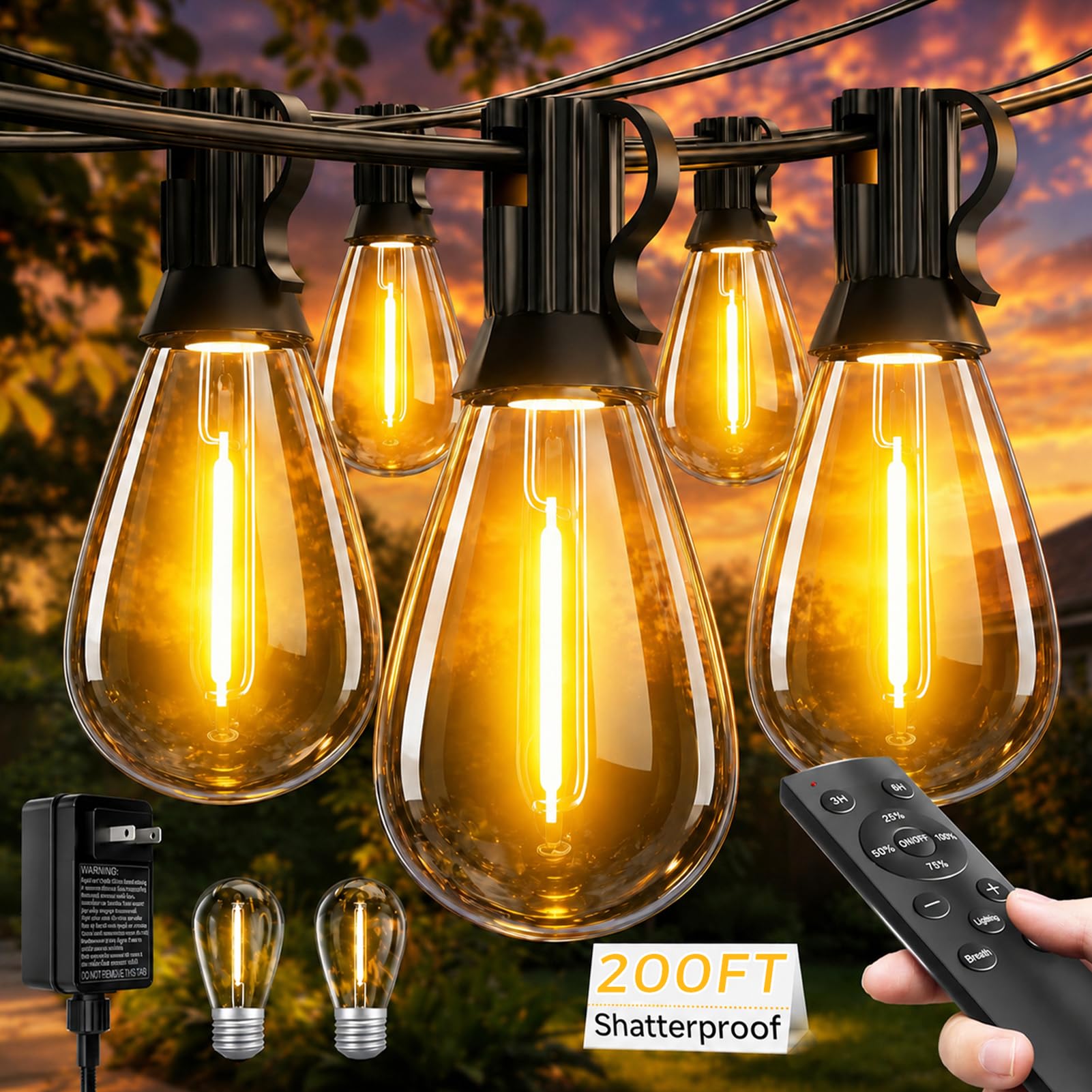 Tenmiro 200FT LED Outdoor String Lights with Remote, 72+2 Shatterproof Bulbs Dimmable Timing 3 Light Modes Outside Patio Lights for Backyard Porch Deck Garden Balcony Pool party Hanging Lighting Decor