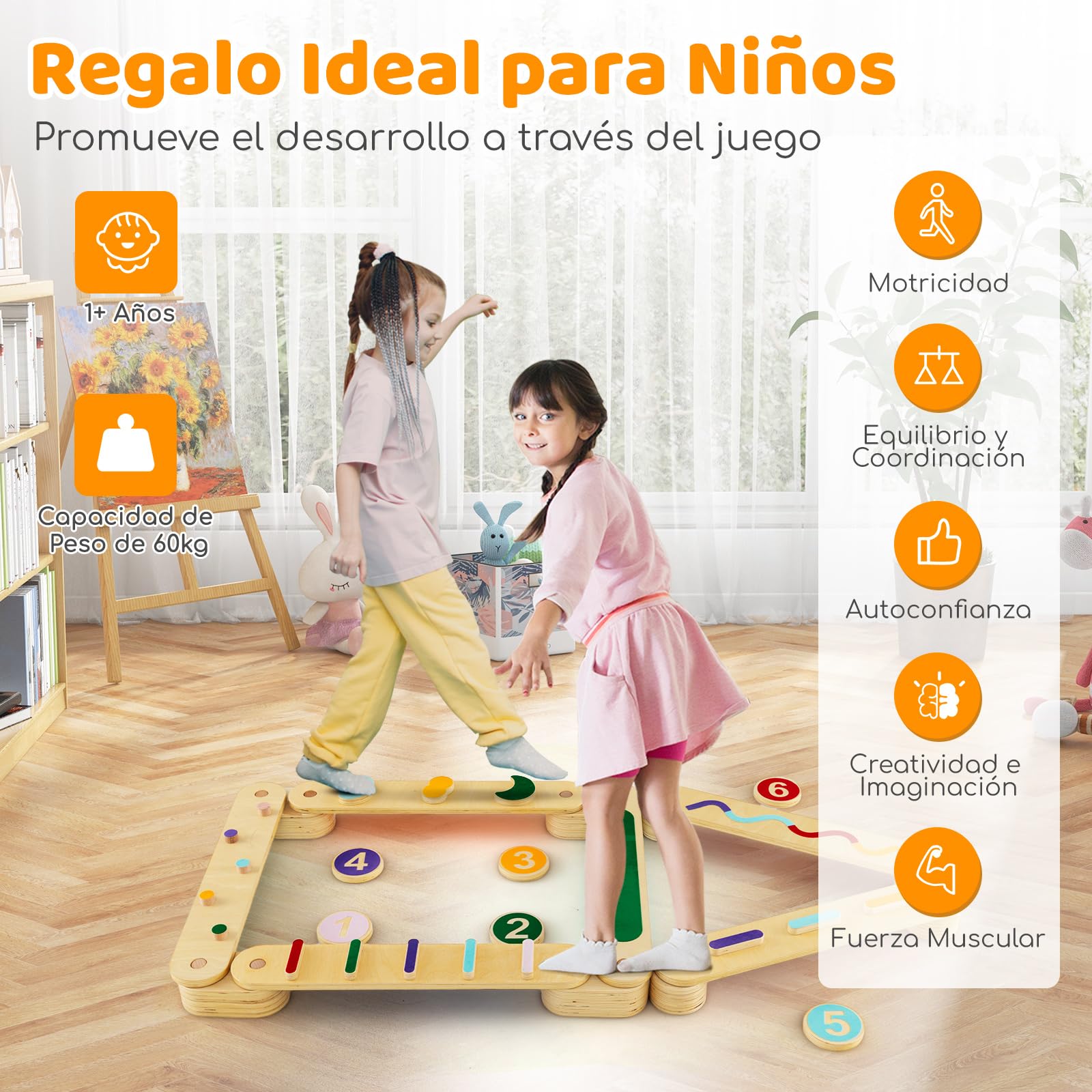 COSTWAY Barra de Equilibrio de Madera Montessori con Piedras, Juguetes de Equilibrio para Interiores