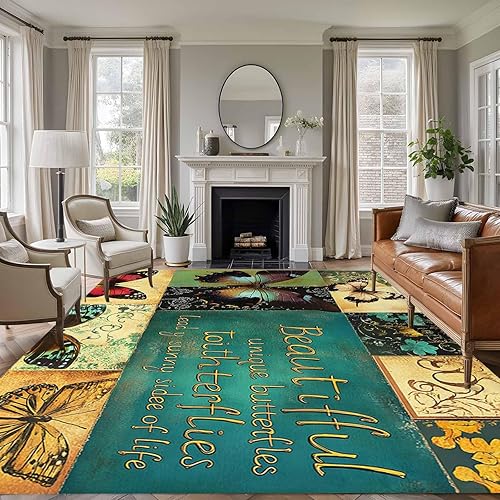 6x9 Area Rugs for Living Room, Vintage Butterfly Non-Slip Area Rugs for Living Room Bedroom Entryway, Watercolor Retro Summer Butterflies Washable