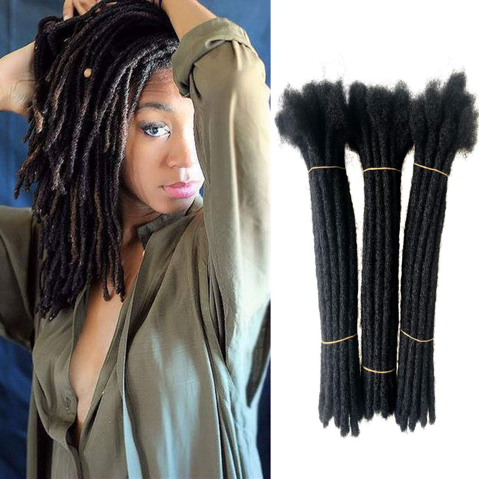 ADIASAI 100% Real Human Hair Dreadlock Extensions, 0.6cm Thickness 10 Inch 10 Strands Can Be Dyed and Bleached Full Hand-made Loc Extensions for Men Women Kids 100% Unprocessed Natural Black