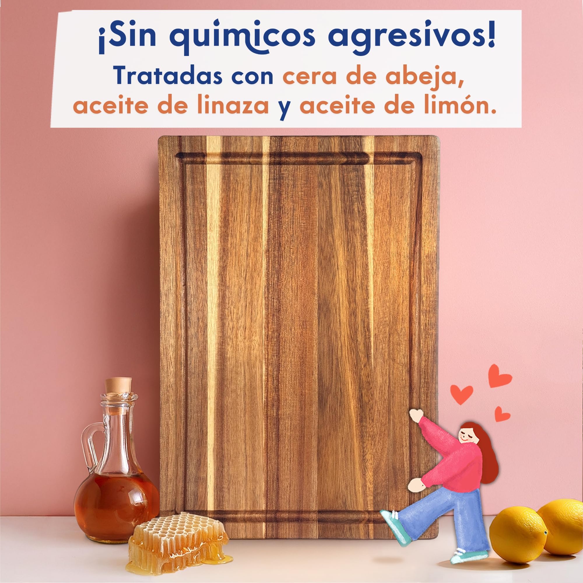Ziruma Tabla de Cortar de Madera de Acacia FSC — Sin Aceite Mineral ni PFAS, Tratada con Cera de Abeja, Aceite de Lino y Limón — 40 × 28 × 2,5 cm