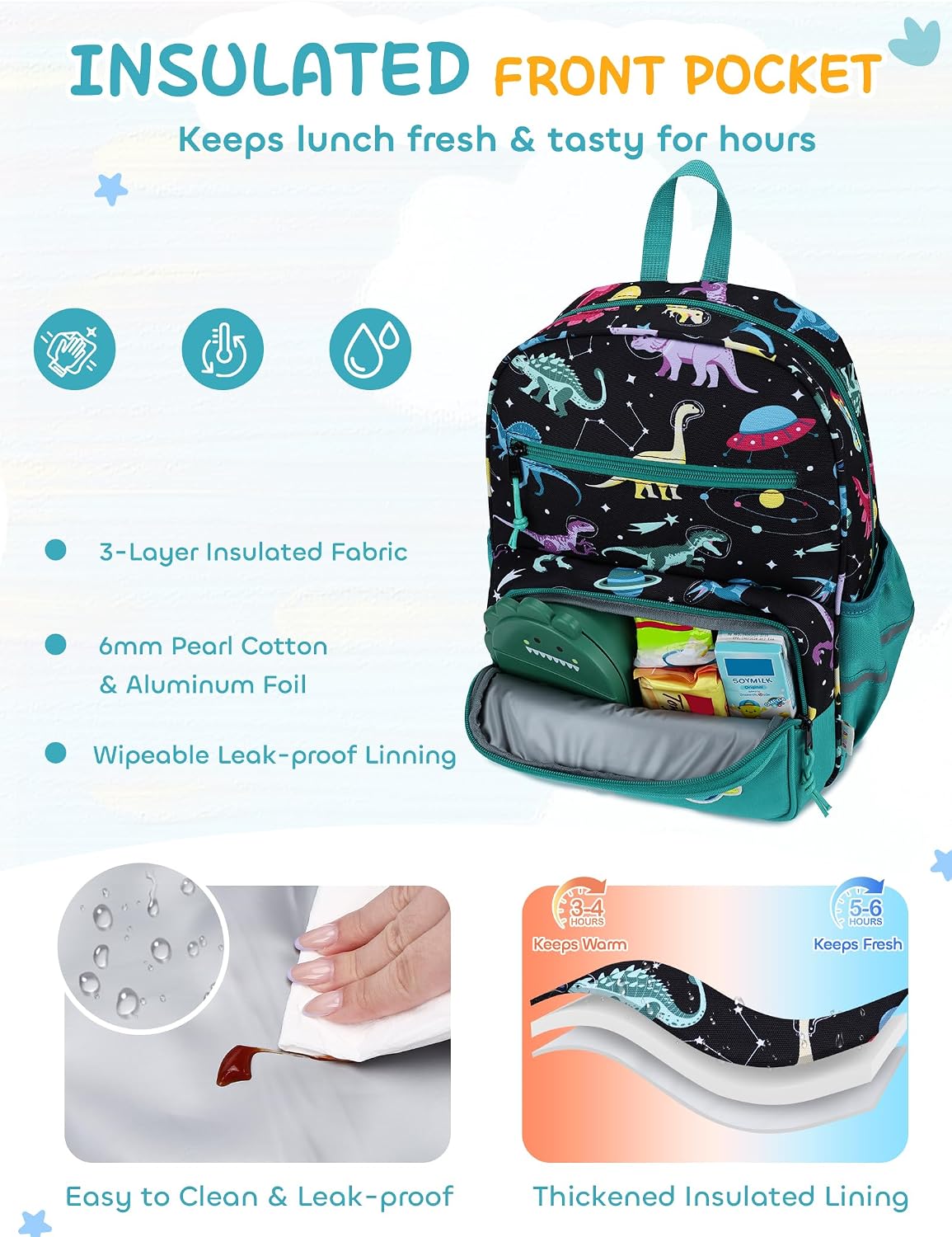 Kasqo Kids Backpack for Boys, 15" H Bookbag with Insulated Pocket, Lightweight School Bag for Kindergarten 1st Grade Elementary Travel, Fits A4 Folder, Ages 5-8, Green Dinosaur