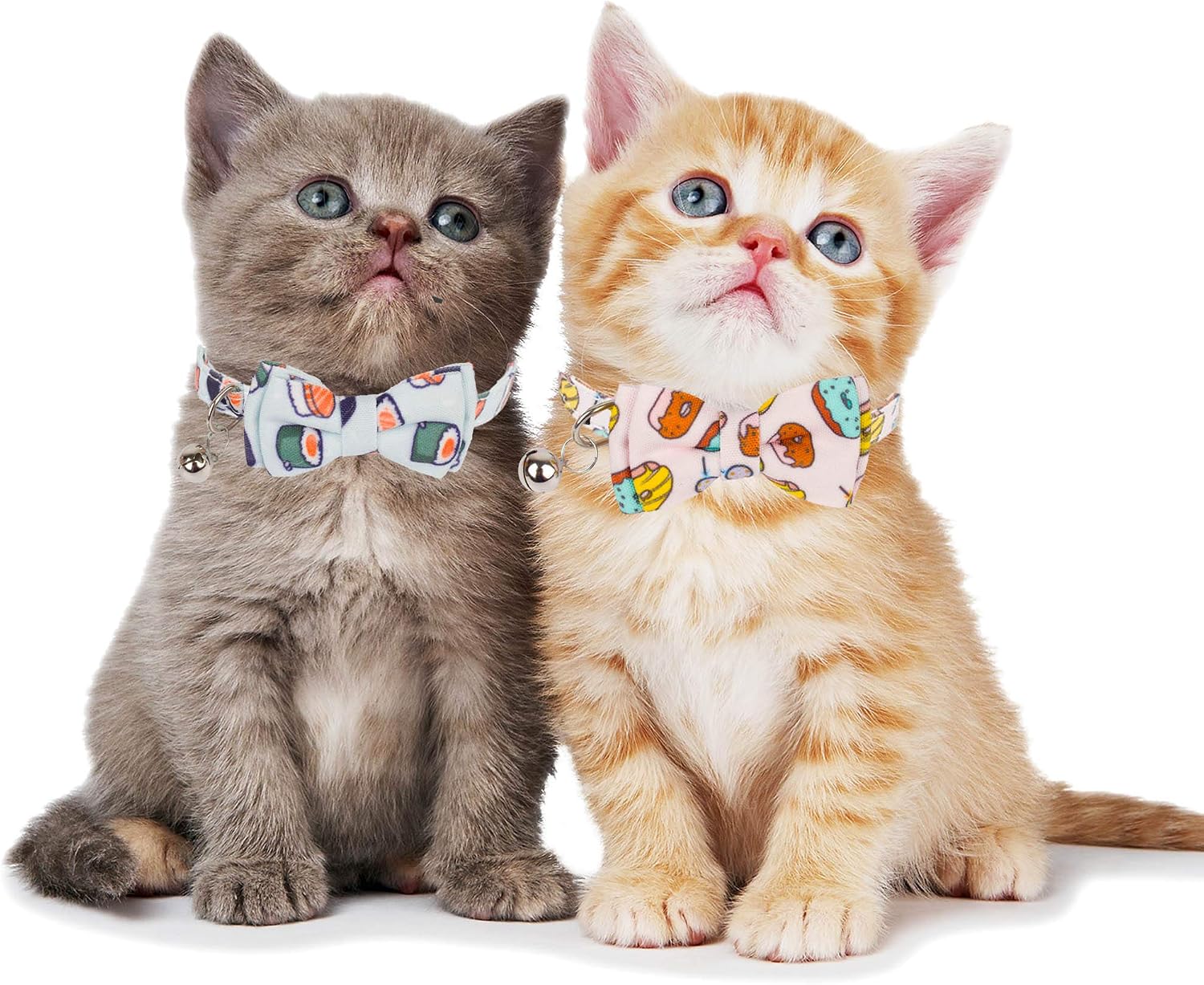 Cat Collar Breakaway with Cute Bow Tie Bell - 2 Pack Kitten Collar with Removable Bowtie Sushi Donuts Hamburg Pizza Pattern Cat Bow tie Collar for Cat Kitten Kitty (Sushi & Donuts)