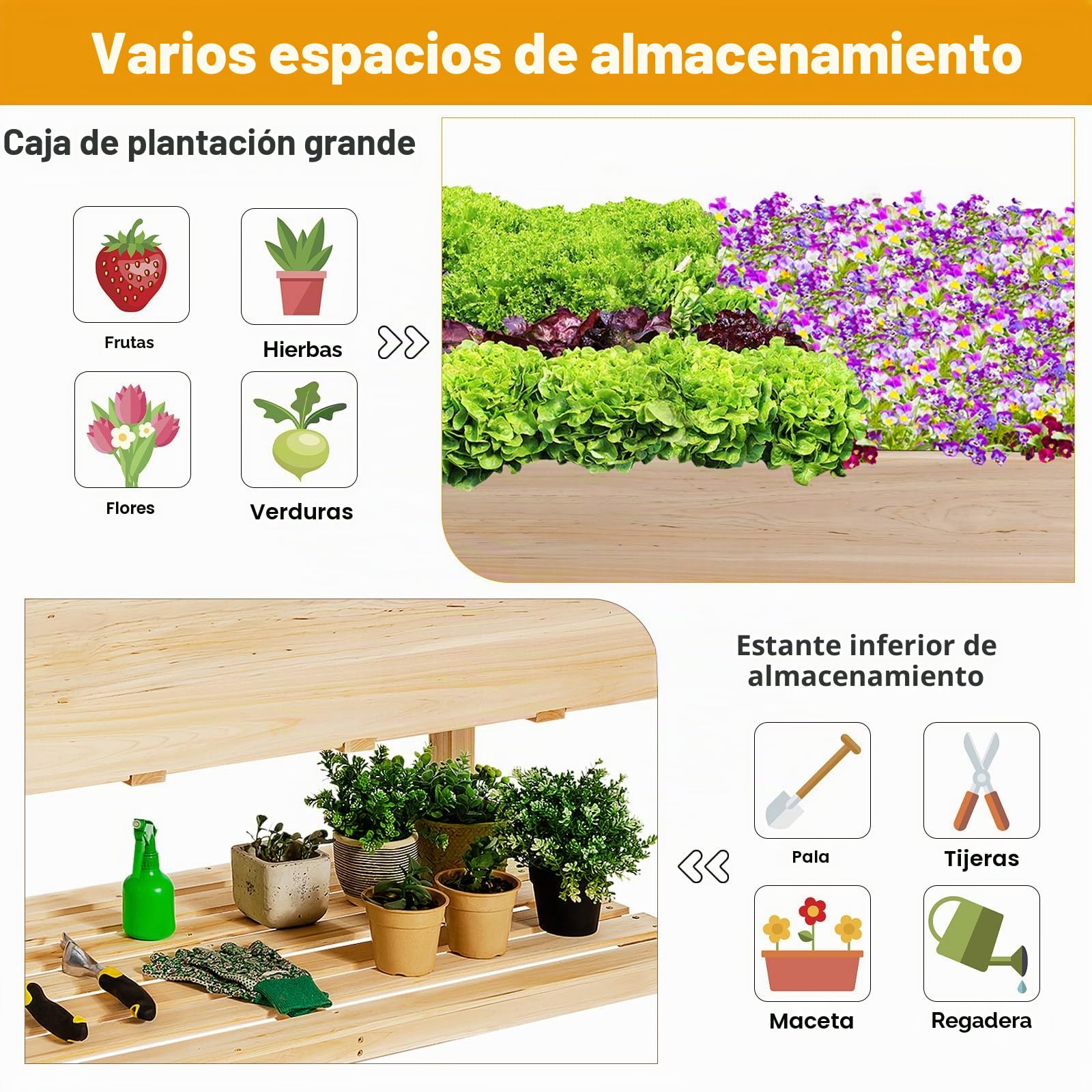 HOMASIS Jardinera de madera con ruedas y estante, jardinera para jardín, balcón, terraza, jardinera con agujeros de drenaje y forro polar, 120 x 59 x 84 cm