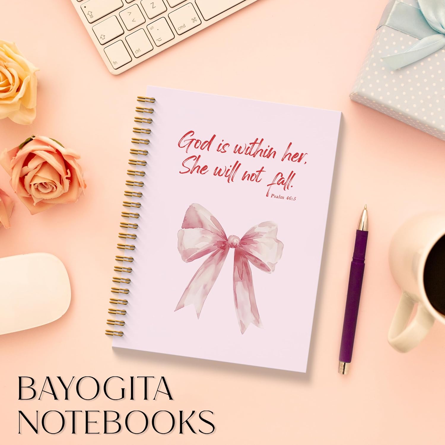 Pink Coquette Bow Christian Spiral Notebooks, God is Within Her She Will Not Fall Bible Journal, Religious Prayer Journal for Woman, Coquette Girly Office Supplies, 5.5x8.3 Inches - Image 7