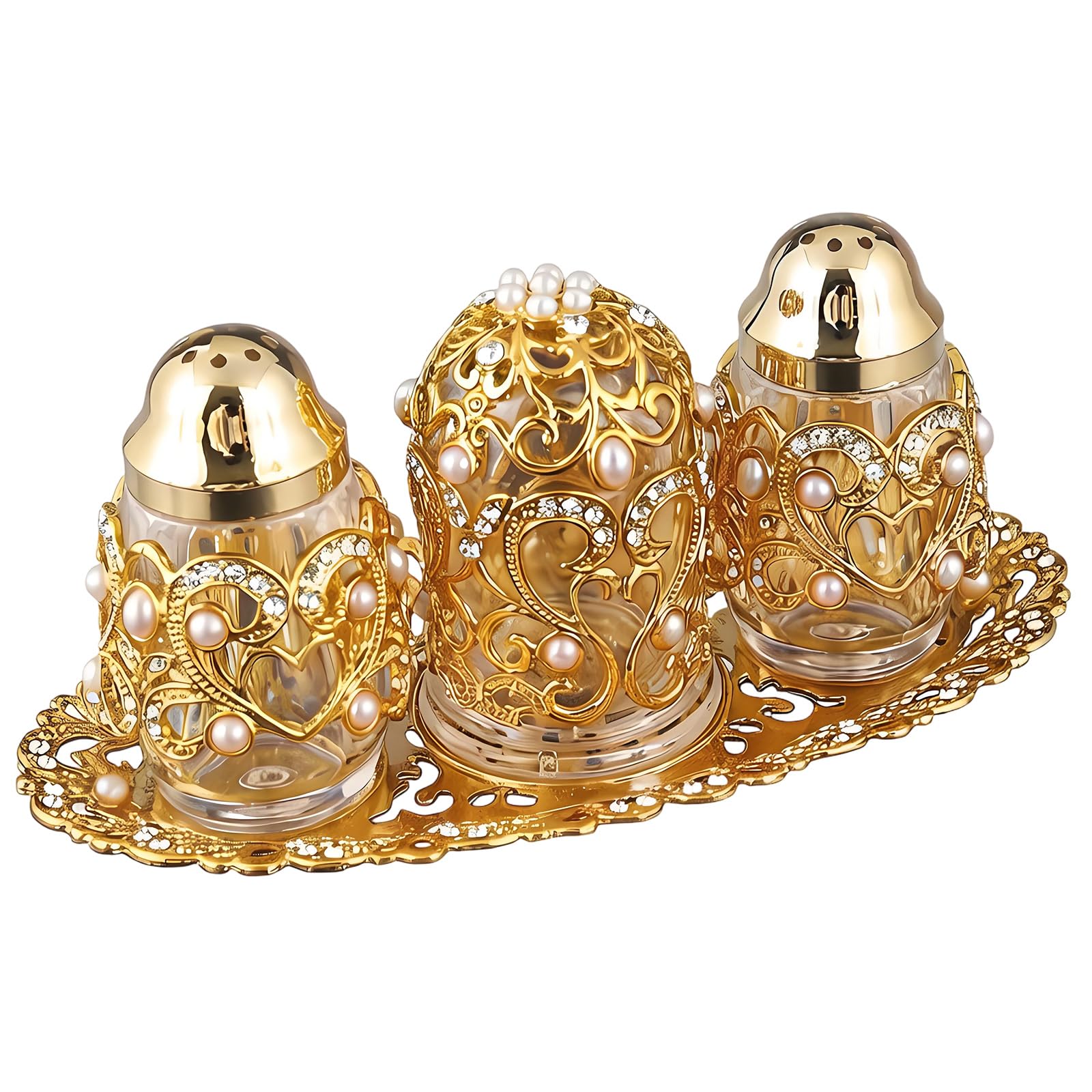 Oxxggkao Decorative Glass Condiment Bottles with Golden Metal Frame and Pearls Detail Seasoning Container Lavishness Mixture Glass Condiment Canisters