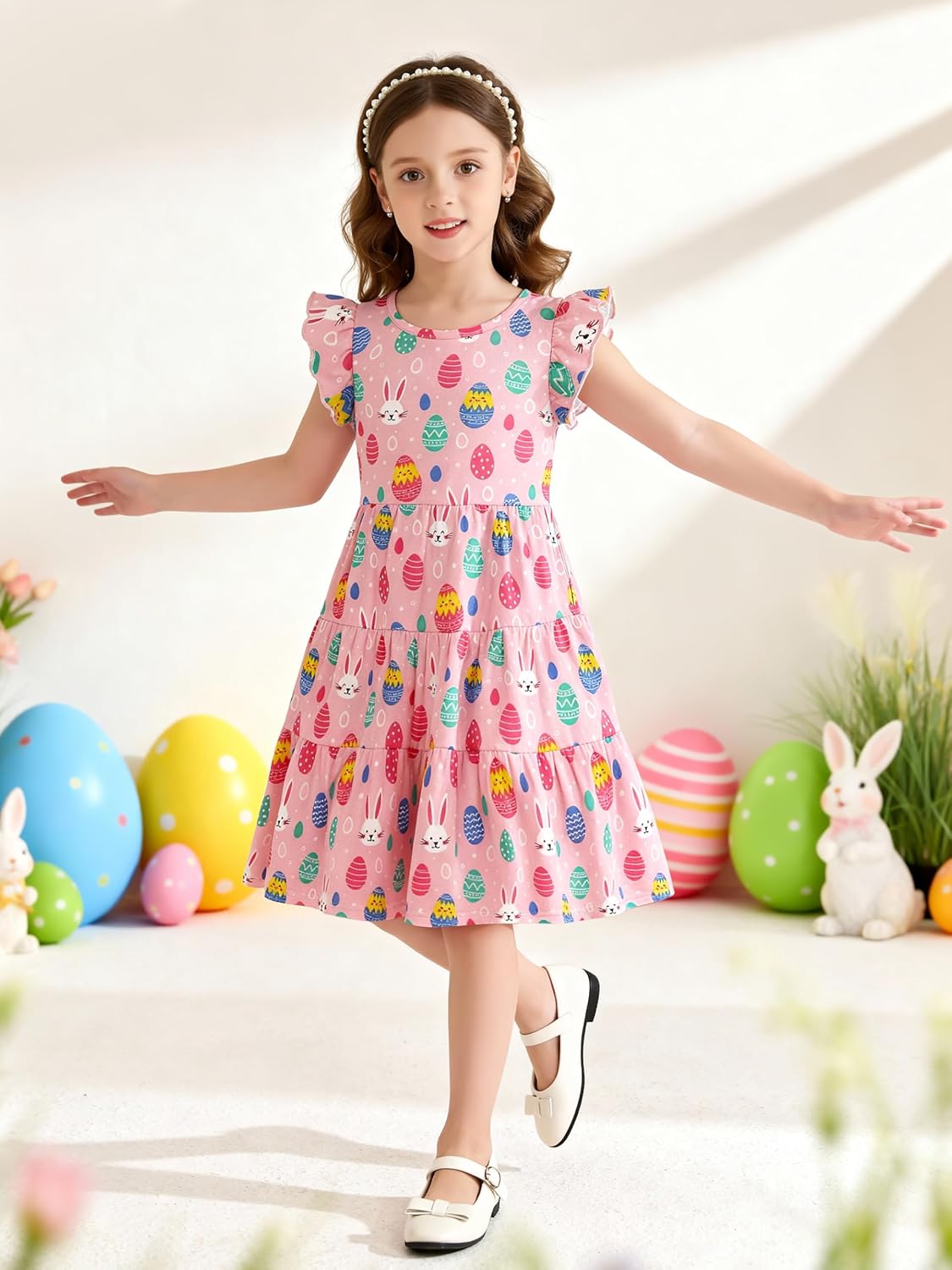 Poroka Girls Ruffle Sleeve Dress Tiered Swing A-Line Twirly Skater Midi Casual Dress for Kids with Pockets Summer Fall Winter - Image 3