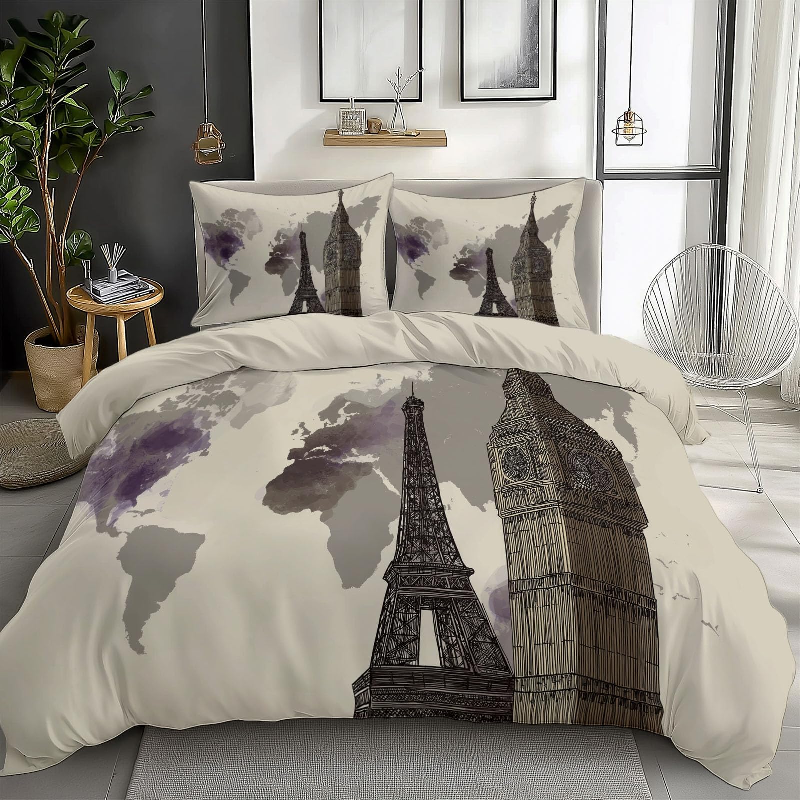 Juego de funda de edredón doble con diseño de Torre Eiffel en acuarela
