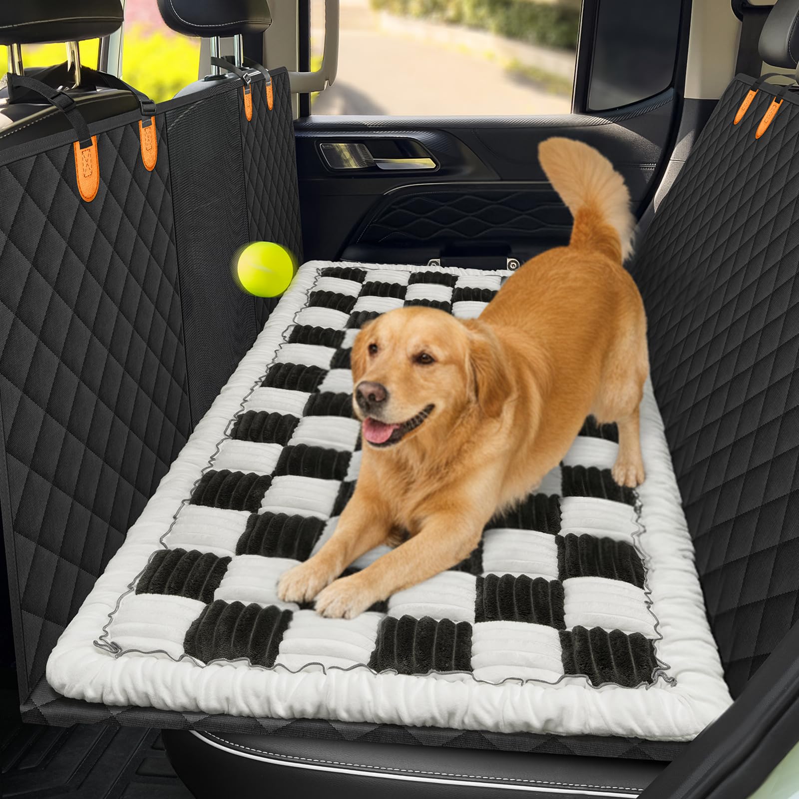 Npetrsnug Backseat Pet Bed Mat, Non-Slip Plaid Dog Bed for Car Back Seat, Flannel Backseat Dog Bed, Fit for Backseat Extenders and Trucks SUVs (Black&