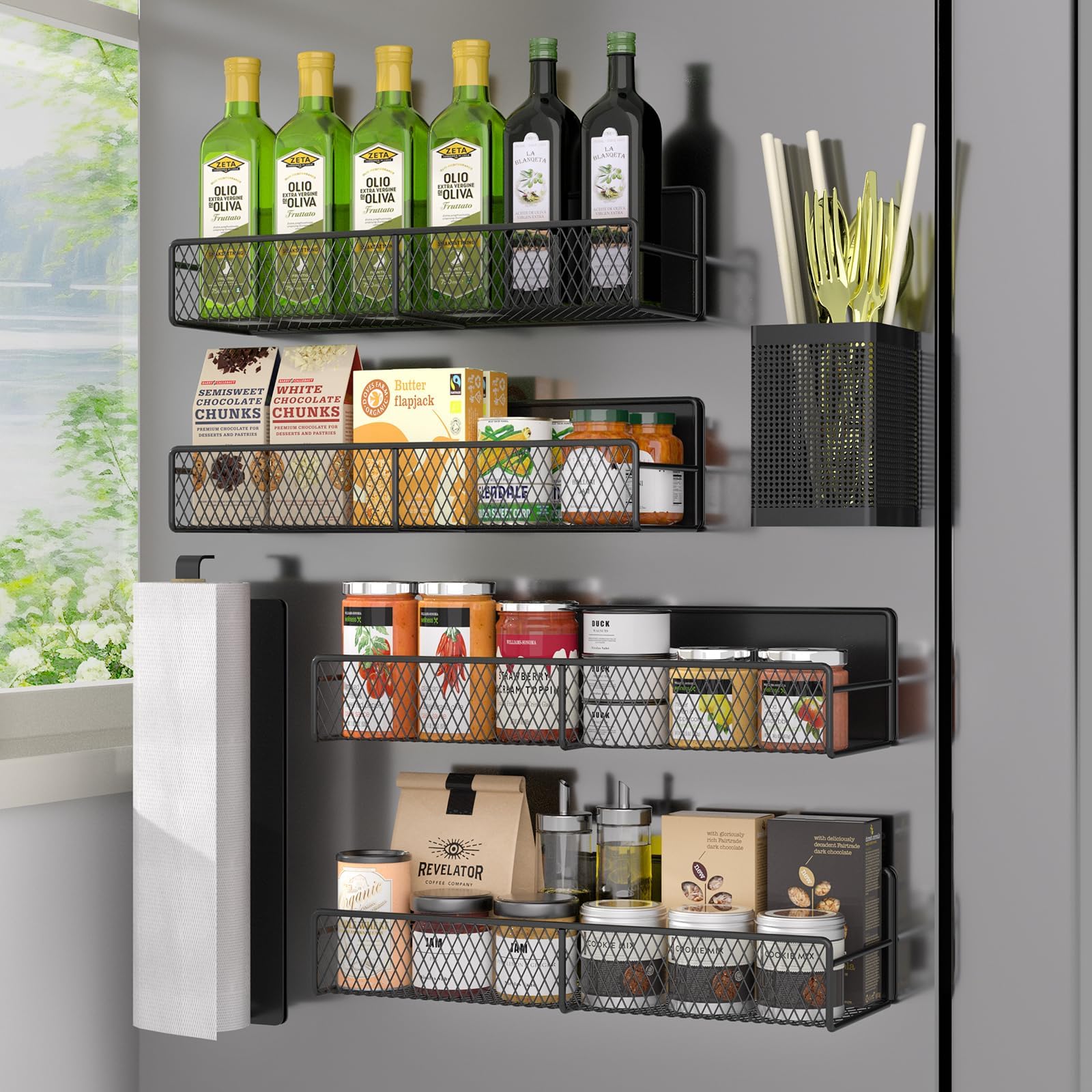 Magnetic Spice Rack, for Refrigerator Organizer 6 Pack, Black Metal Magnetic Shelf for Refrigerator including Paper Towel Holder,Kitchenware Holder, Fridge Space Saving Spice Shelf with Strong Magnets