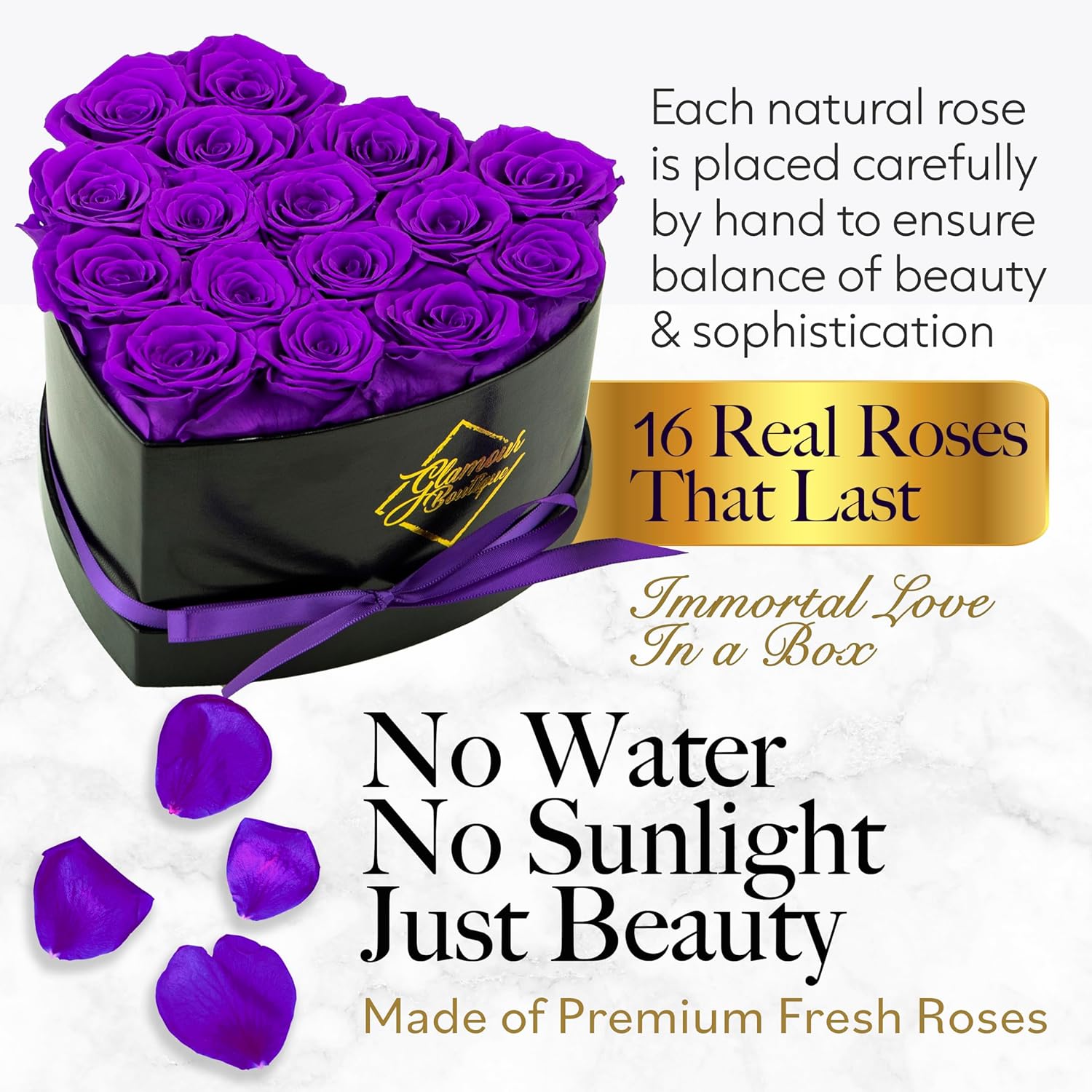 GLAMOUR BOUTIQUE 16 Flower Forever Heart Shape Box, Eternal Preserved Roses Gift for Her, Lasting Flowers, Romantic Floral Keepsake for Birthday, Anniversary or Valentine’s Day, Purple (Color-Treated) - Image 2