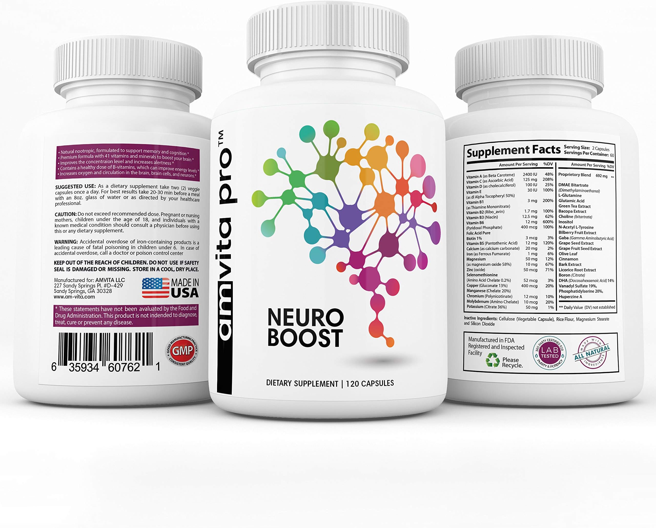 Advanced Neuro Boost Brain Supplement - Memory, Focus, Clarity - Nootropic with DMAE, Bacopa Monnieri, L-Glutamine, Vitamins, Multi Minerals - 120 Pills