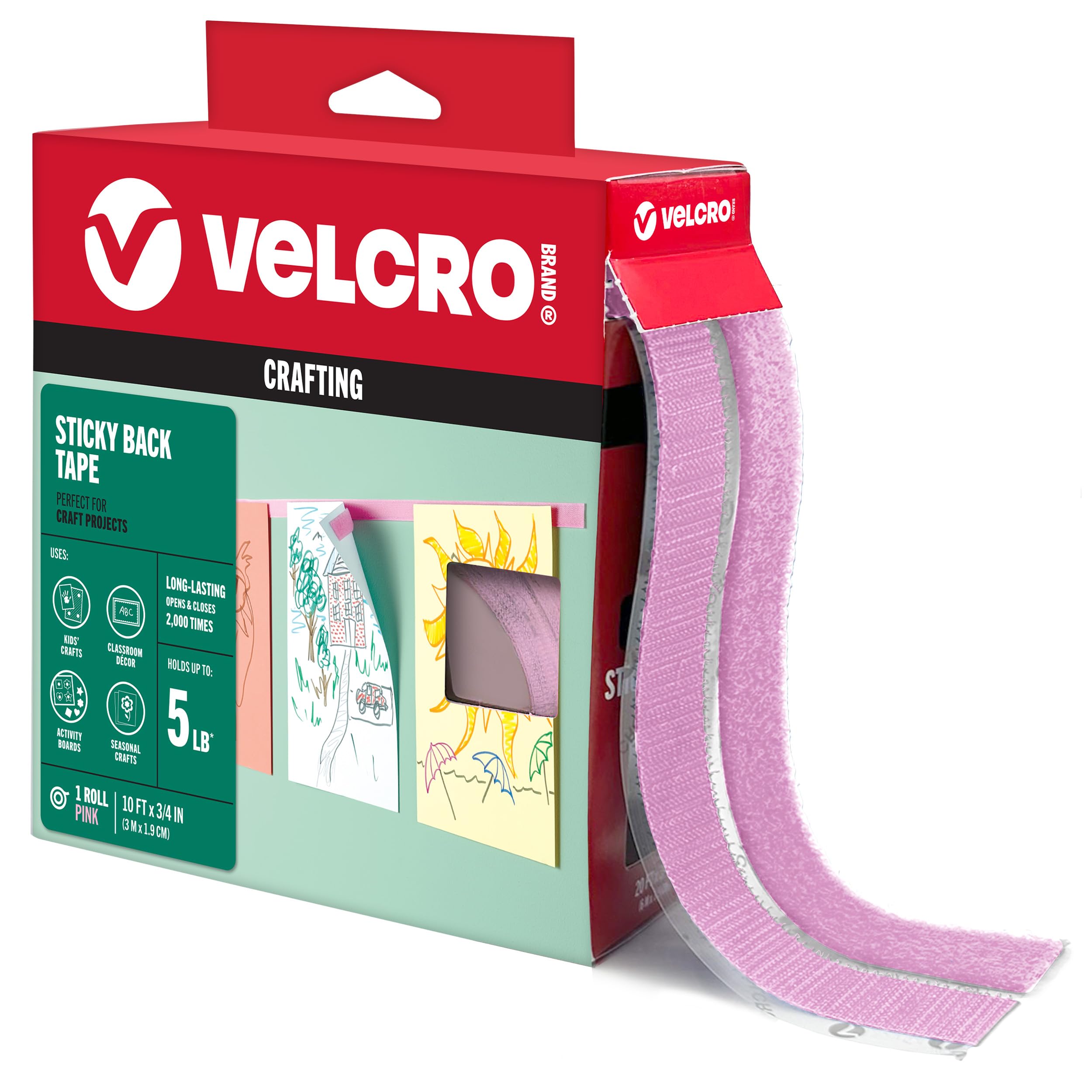 VELCRO Brand Colors Sticky Back Tape, Pink, 10ft Roll, Adhesive