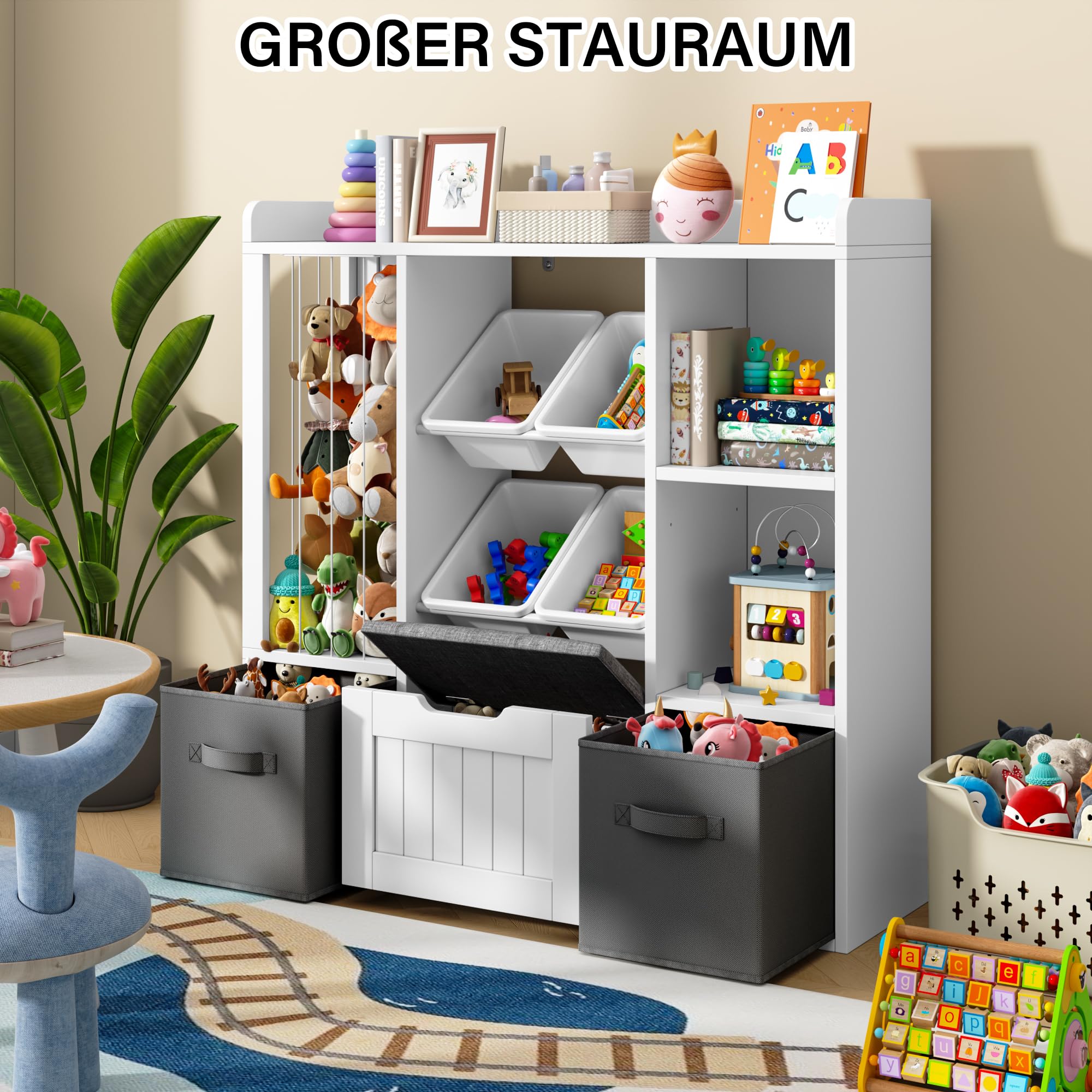 Jehiatek Kinderregal mit Stauraum-Sitzbank, Holz Spielzeugregal mit Kuscheltierfach, 2 Regalböden, 2 Stoffschubladen und 4 Aufbewahrungsboxen, Bücherregal für Kinderzimmer, Spielzimmer & Schlafzimmer