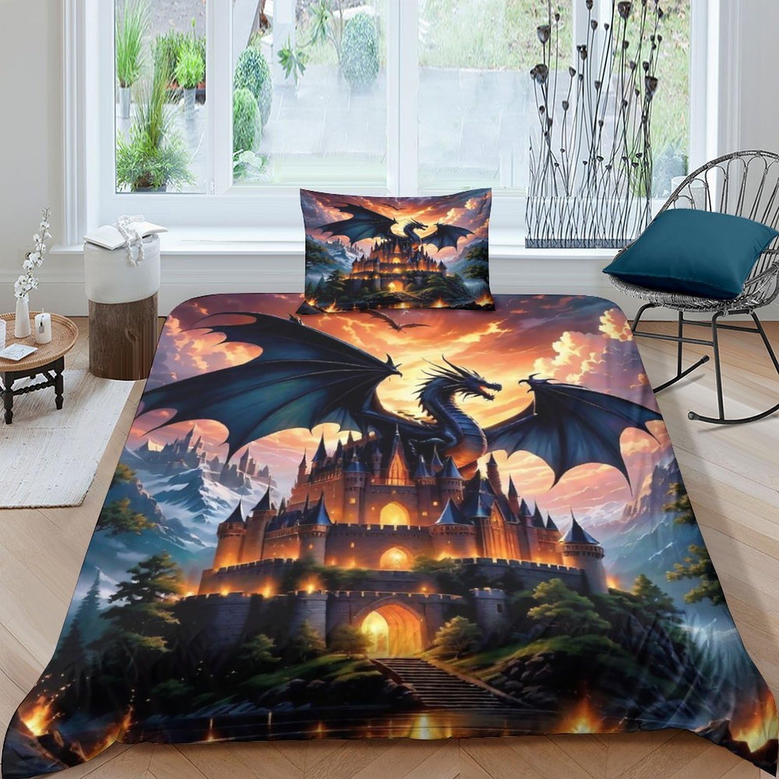 TNFHSOFT Flying Dragon Duvet Cover Set Kids Cool Animals Bedding Set for Boys Girls Adults 3 Pieces Quilt Cover Zipper Closure with Pillowcase Single（135x200cm）