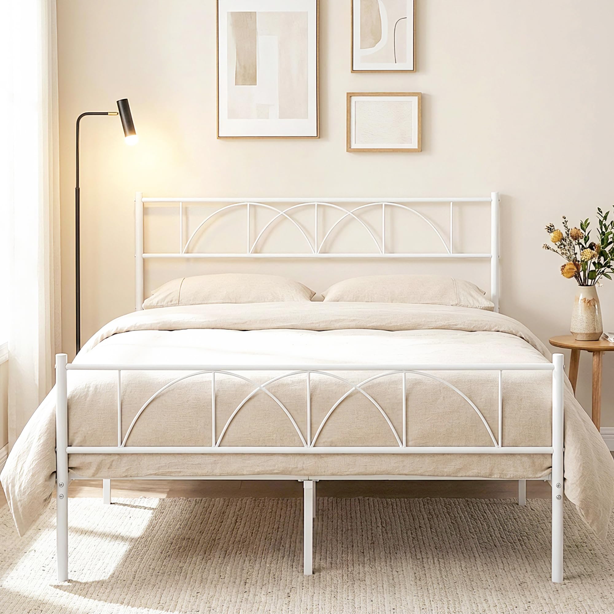 HOMCOM Cama Matrimonio 140x190 cm Estructura Acero Cabecero Almacenamiento Blanco