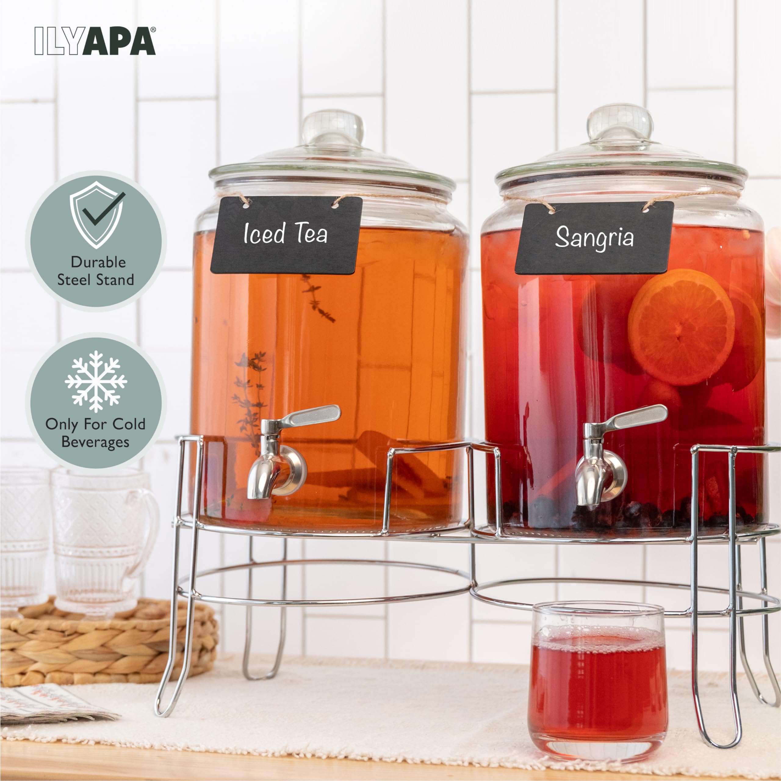 Ilyapa Dispenser per bevande da 1,5 litri con coperchio, confezione da 2 dispenser per bevande e barattolo da farmacia con lavagna, beccucci in acciaio inox, ottimo stile per eventi, feste in
