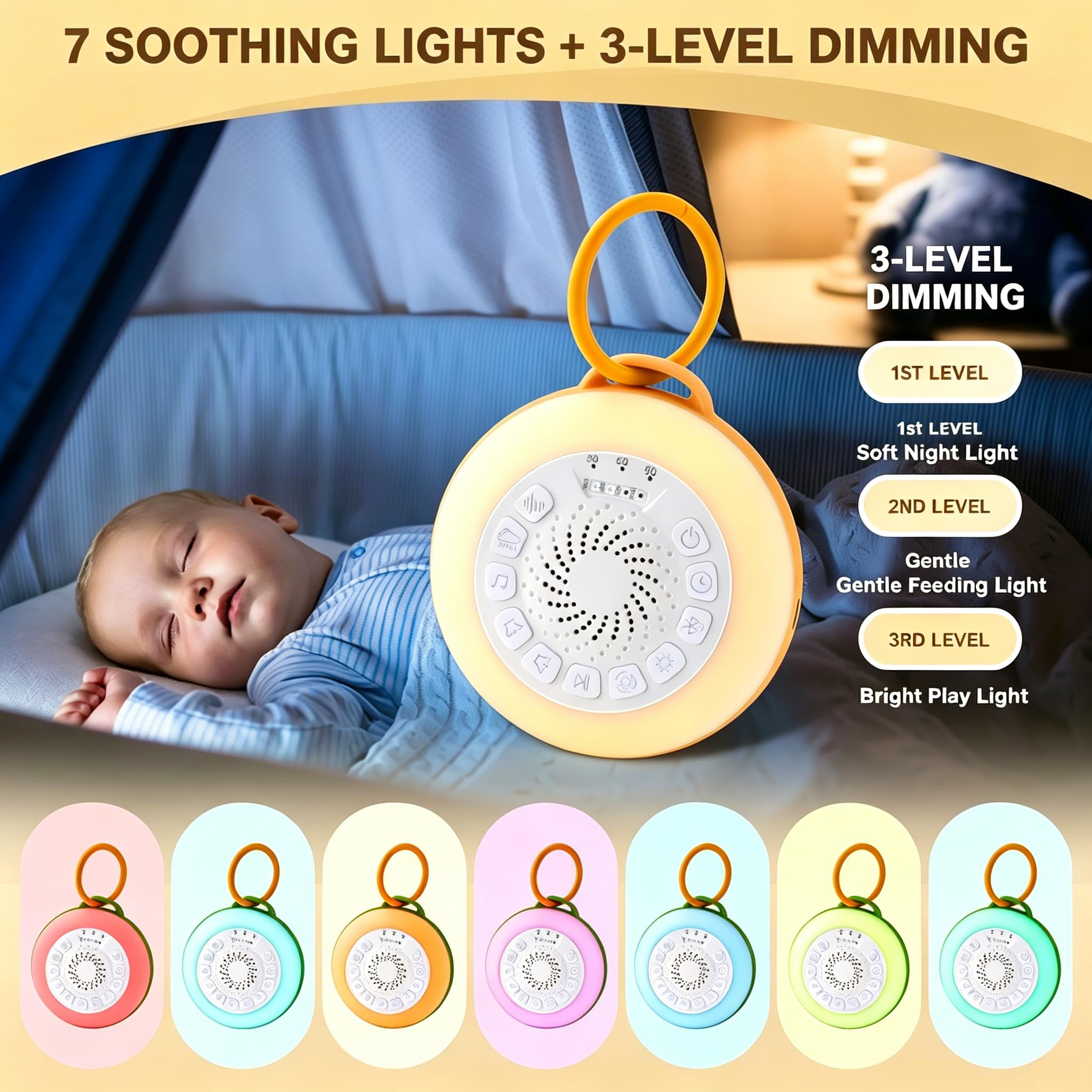 White Noise Machine Baby, Weißes Rauschen Gerät mit Nachtlicht, 28 Beruhigende Schlaflieder & Naturgeräusche, 3 Timer-Einstellungen, 7 Bunte Beleuchtung, Bluetooth-Lautsprecher & USB