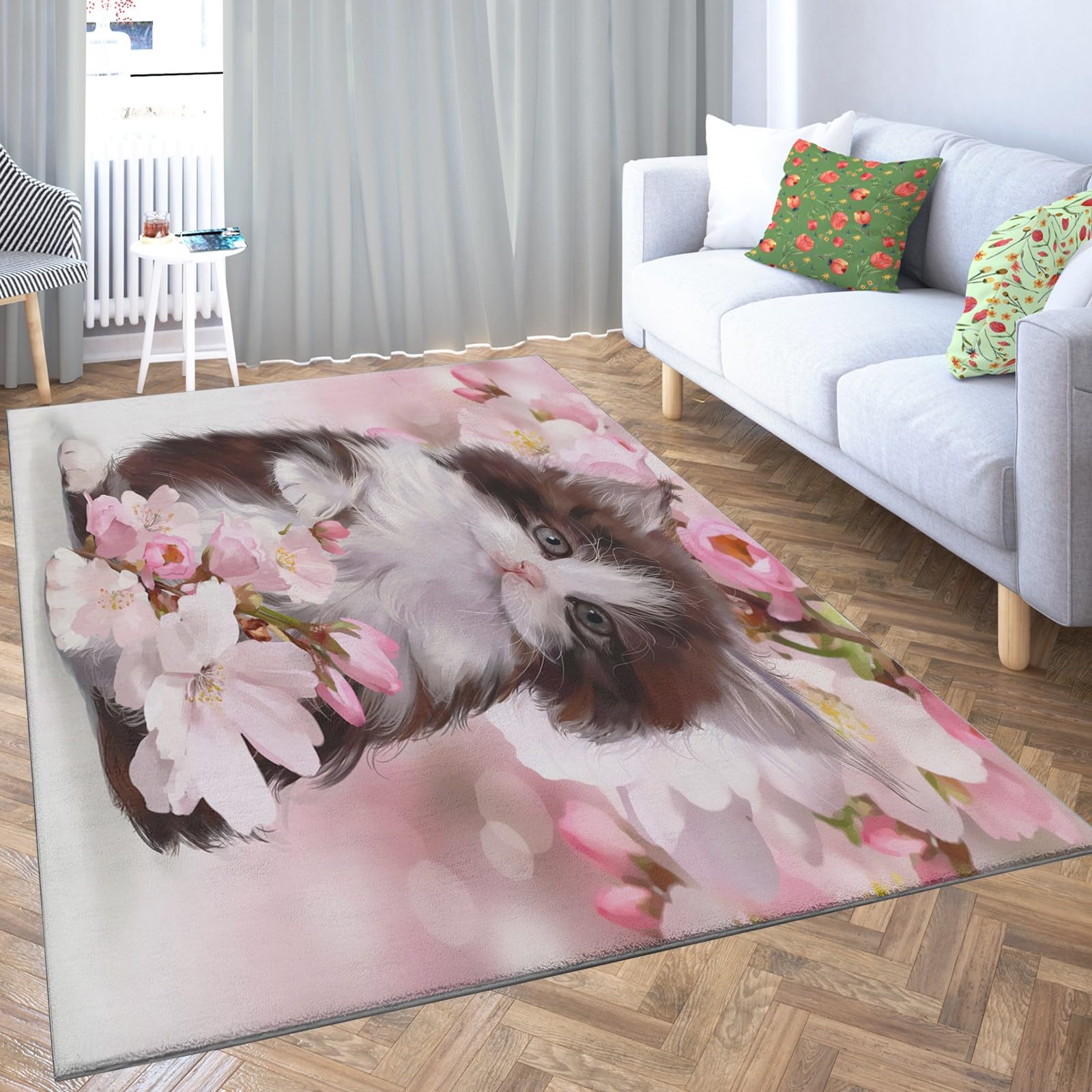 WHUOEUCO Wasbare tapijten woonkamer perzikbloesem & kat 60 x 110 cm gebied tapijten moderne zachte pool voor woonkamer eetkamer slaapkamer woondecoratie antislip tapijt