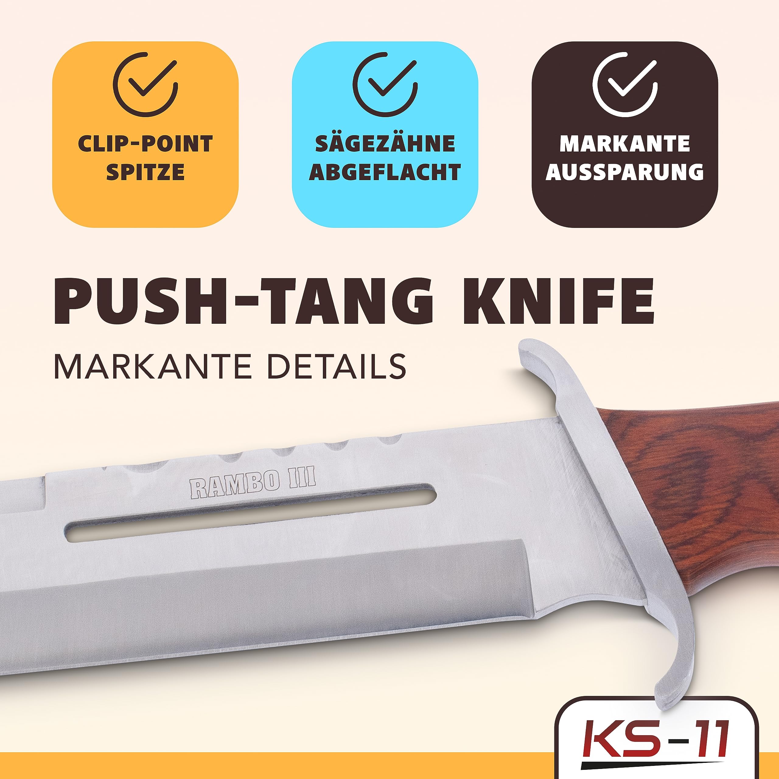 KS-11 Bärentöter im Stil von Rambo III Messer - First Blood Part 3 - Outdoor - Survival - Jagd - Holzgriff - FullTang Mega Kult Bushcraft Messer mit Lederscheide