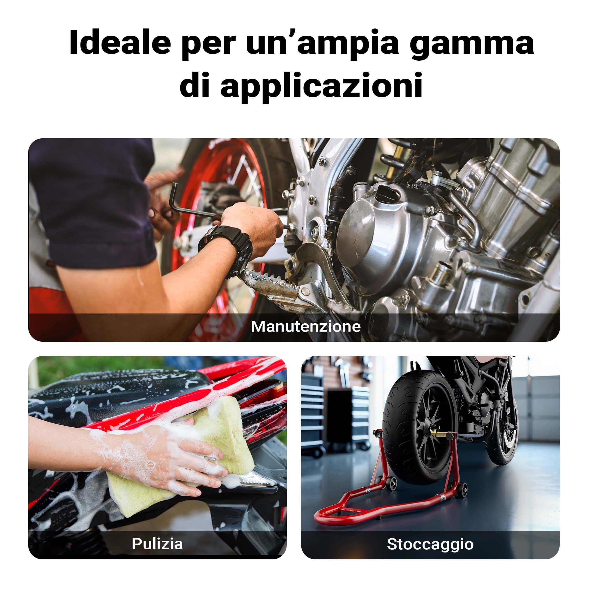 Wiltec Cavalletto alzamoto posteriore sotto forcella, max 450 kg, con rotelle, per ruote posteriori