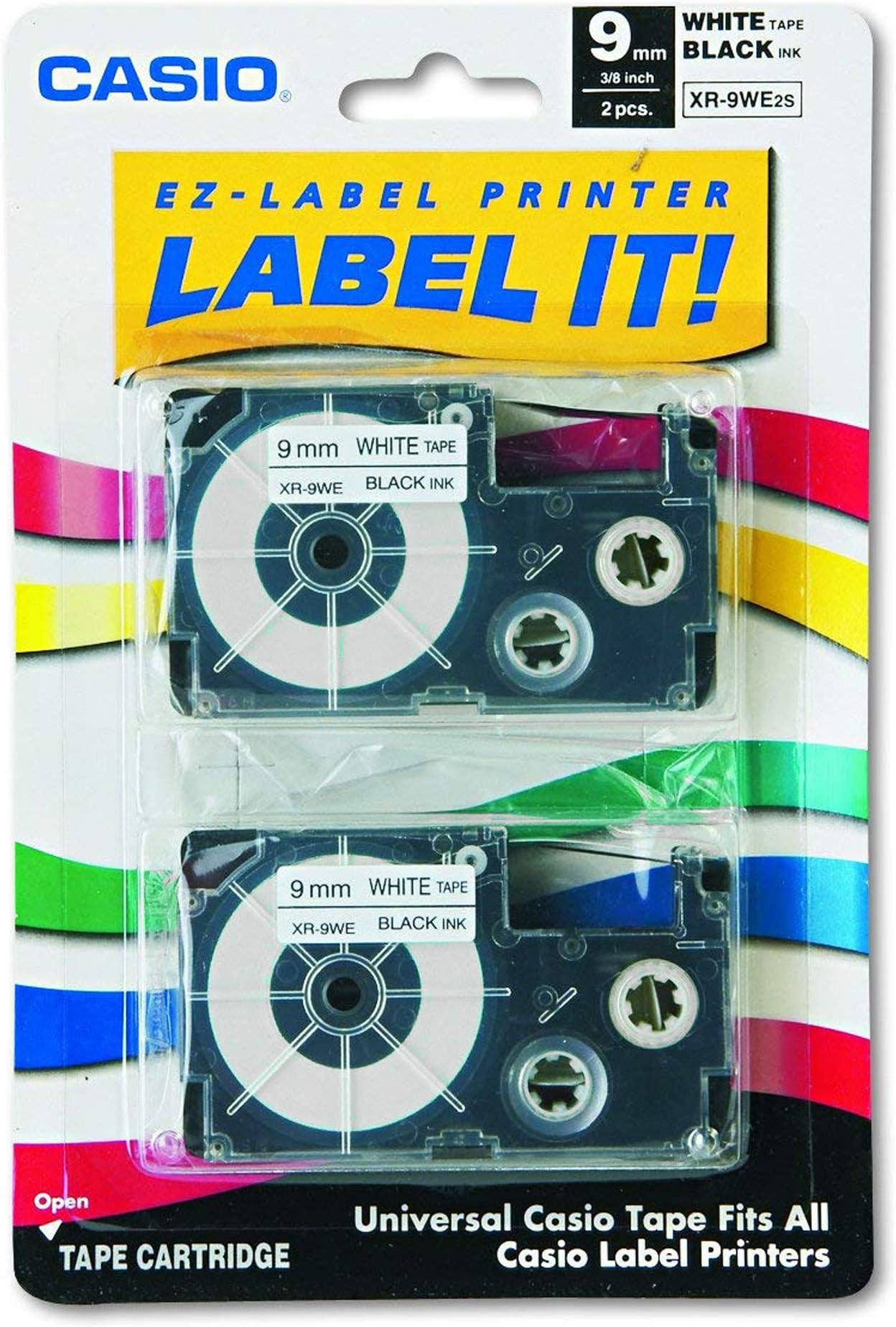 Casio XR9WE2S Tape Cassettes for KL Label Makers, 9mm x 26ft, Black on White,