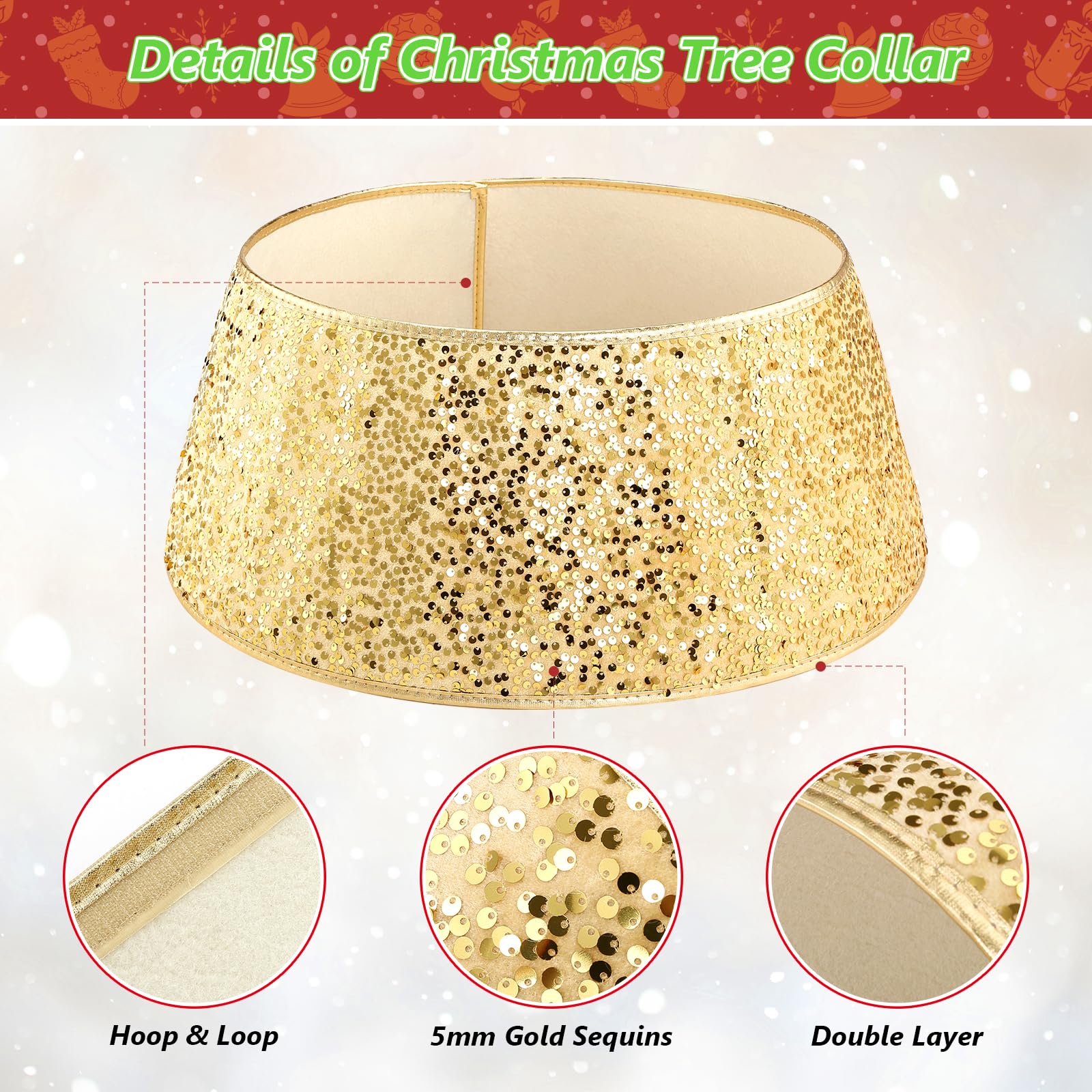 LIHAO Copri Base Albero Natale Oro Glitter, 40×20×60CM, Anello per Albero di Natale