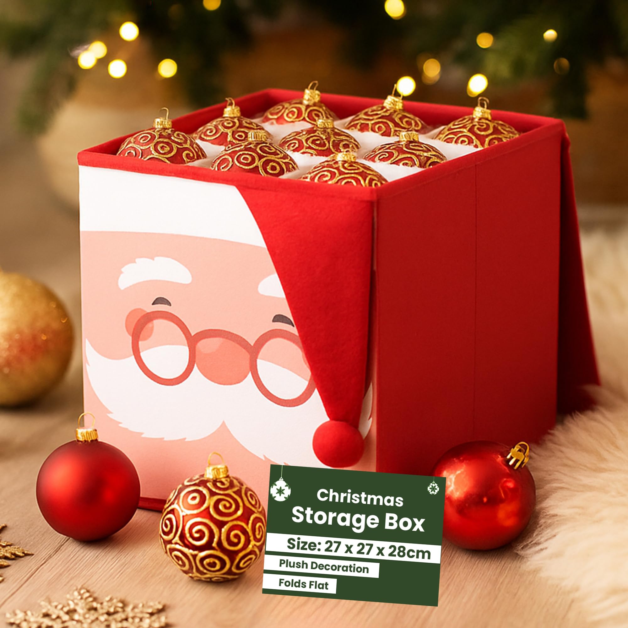 Just for Christmas Bauble Storage Box with Lid - Christmas Storage Box with Cardboard Dividers, Folds Flat for Easy Storage & Delightful Plush & Print Design on the Front (Red)